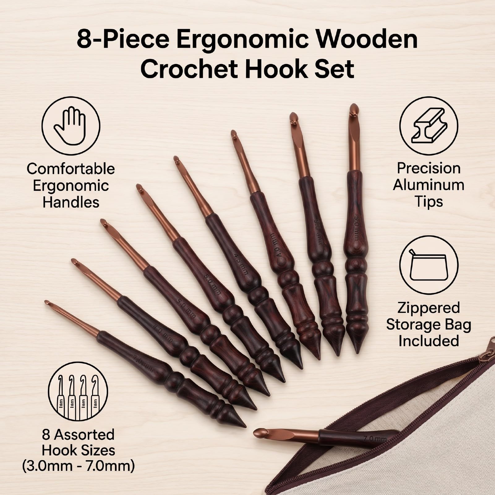 Luocute Juego de 8 Agujas de Ganchillo, Gancho Ergonómico de Aluminio con de Madera de 3 a 7 Mm para Proyectos de Tejer y Ganchillo para Principiantes y Entusiastas