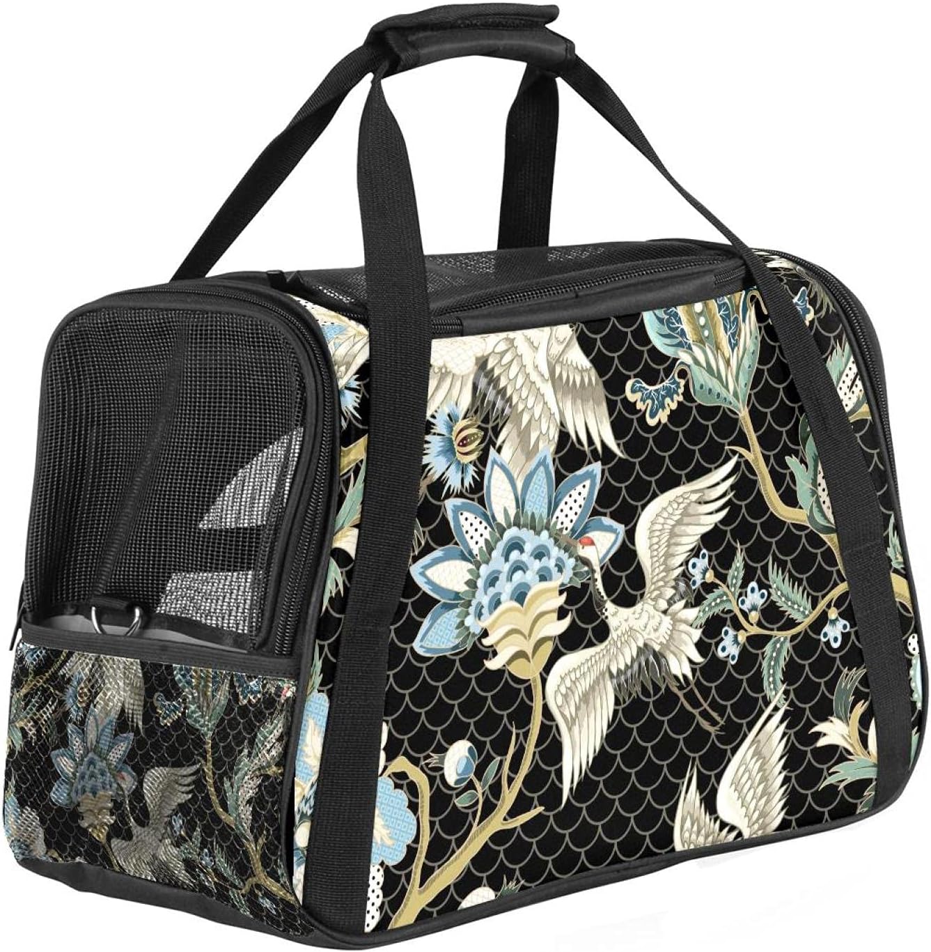 花柄 鶴 和風 ペットパック ペットキャリーバッグ 猫・小型犬用 マット付き 通気性 軽量 携帯しやすい 車載/旅行/通院/アウトド