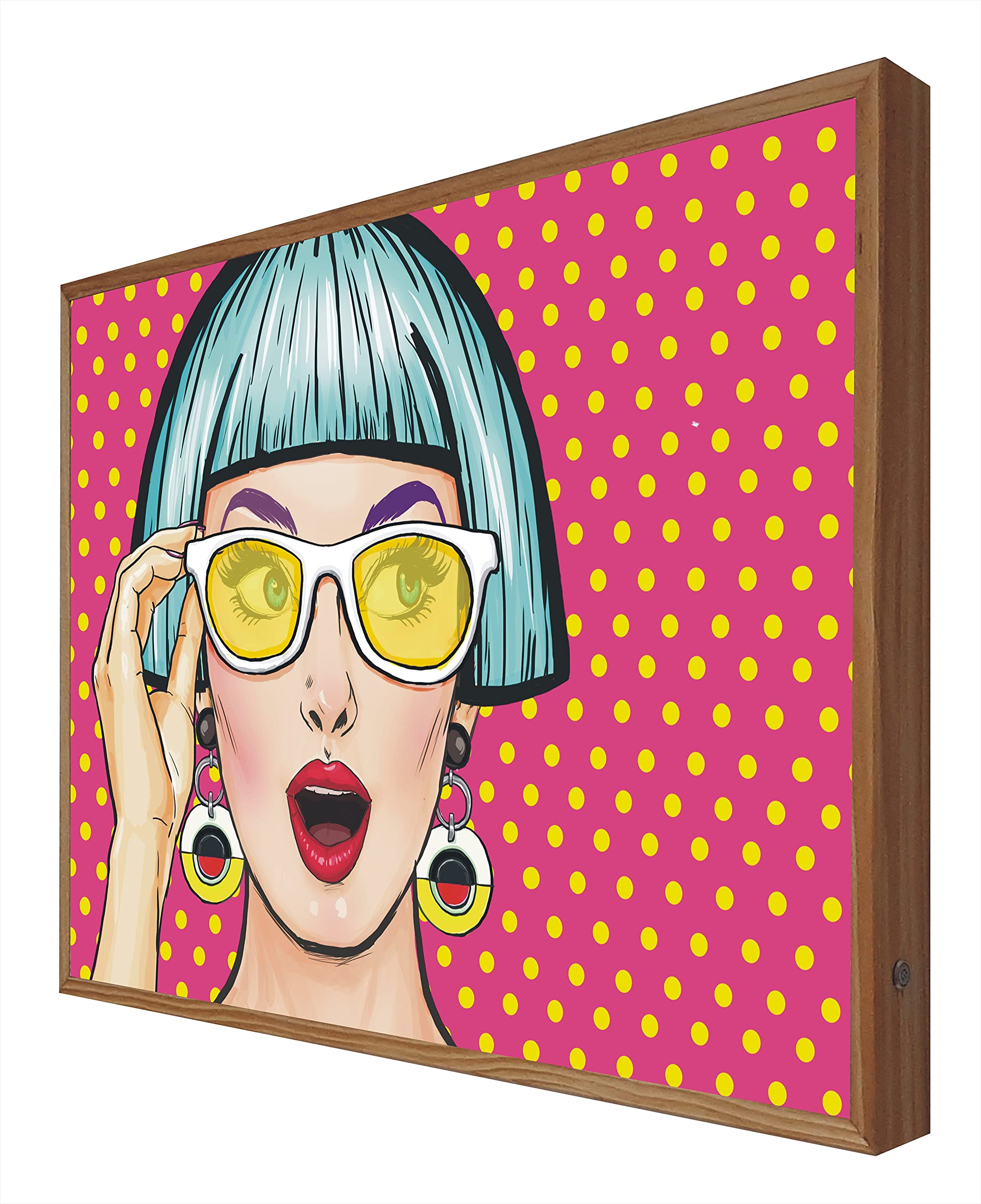 Cartel de madera con luz Leds Pop Art de mujer sorprendida para decoración interior en casa
