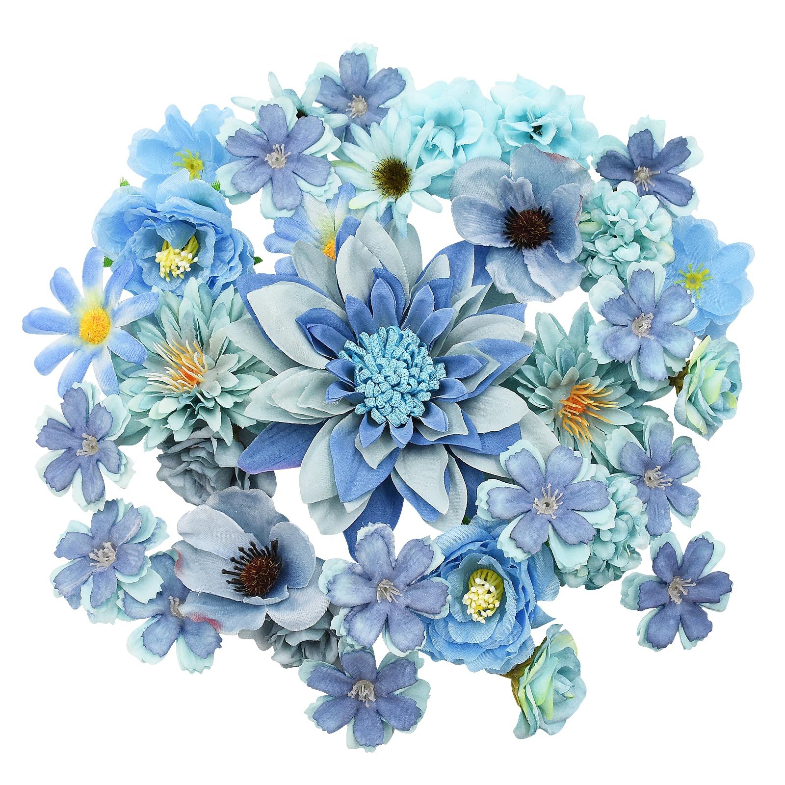 Auptiz 32 Piezas Flores Artificiales Decoracion, Mini Azul Mixtos Falsas, Flores de Deco para Bodas DIY Fiesta Casa Jardin Scrapbooking Manualidades (Azul)