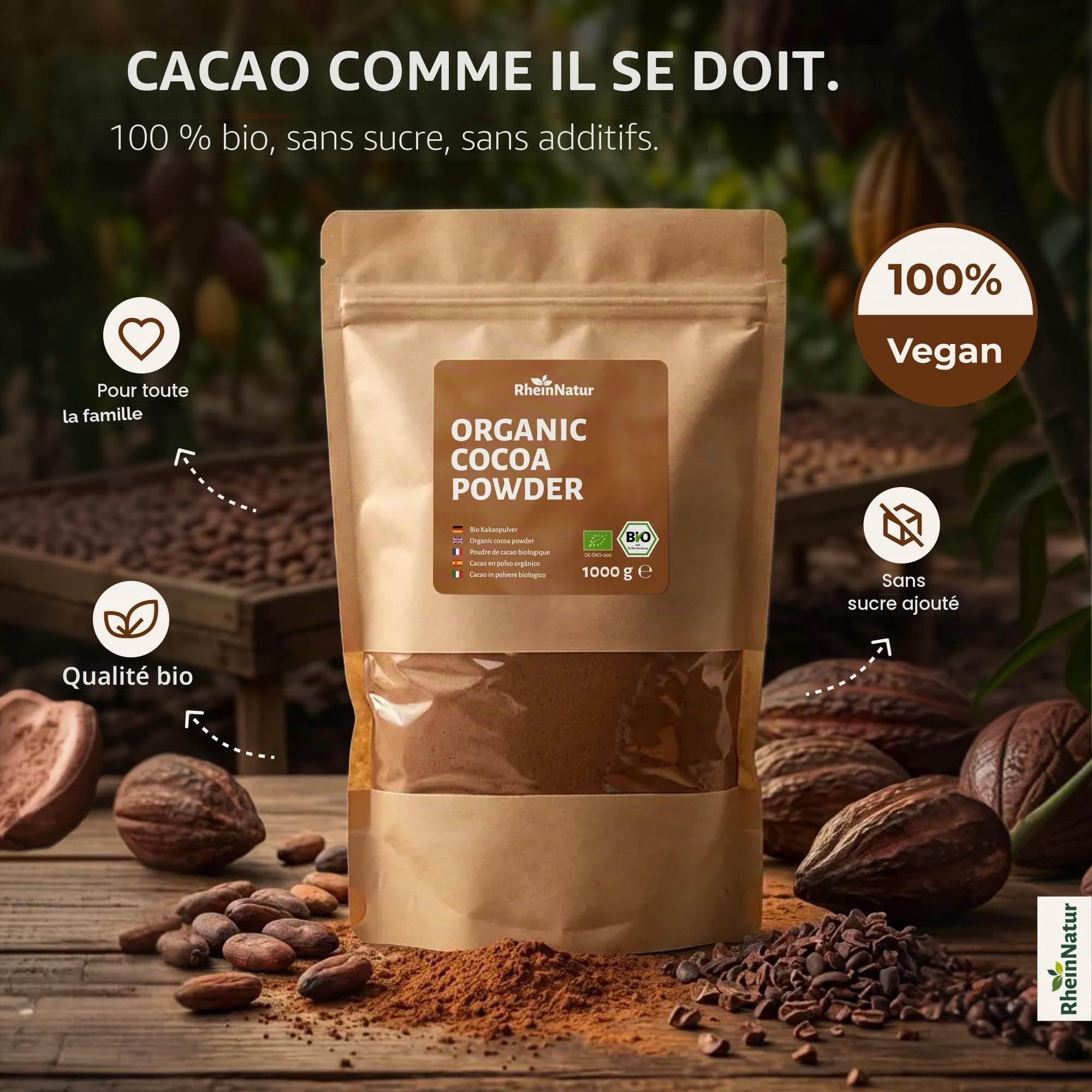 RheinNatur Poudre de cacao bio 1 kg – 100% pur cacao de qualité biologique, non sucré et sans additifs – Idéal pour la pâtisserie, le chocolat chaud et les smoothies – Sachet de 1000 g