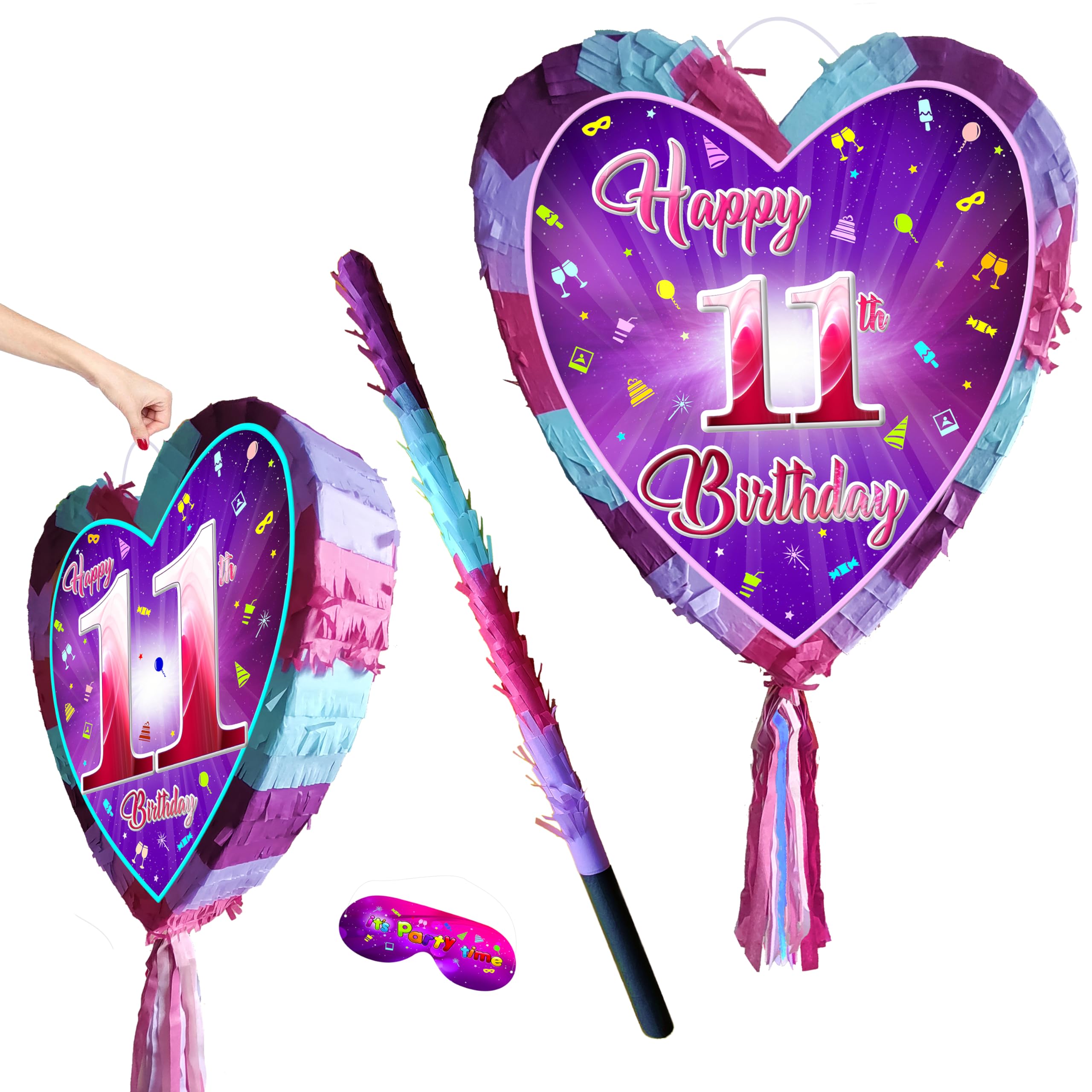 11th birthday pinata with stick - Girls Eleven party smashing game - Big 41cm x 38cm, Pink, Purple, Sky Blue