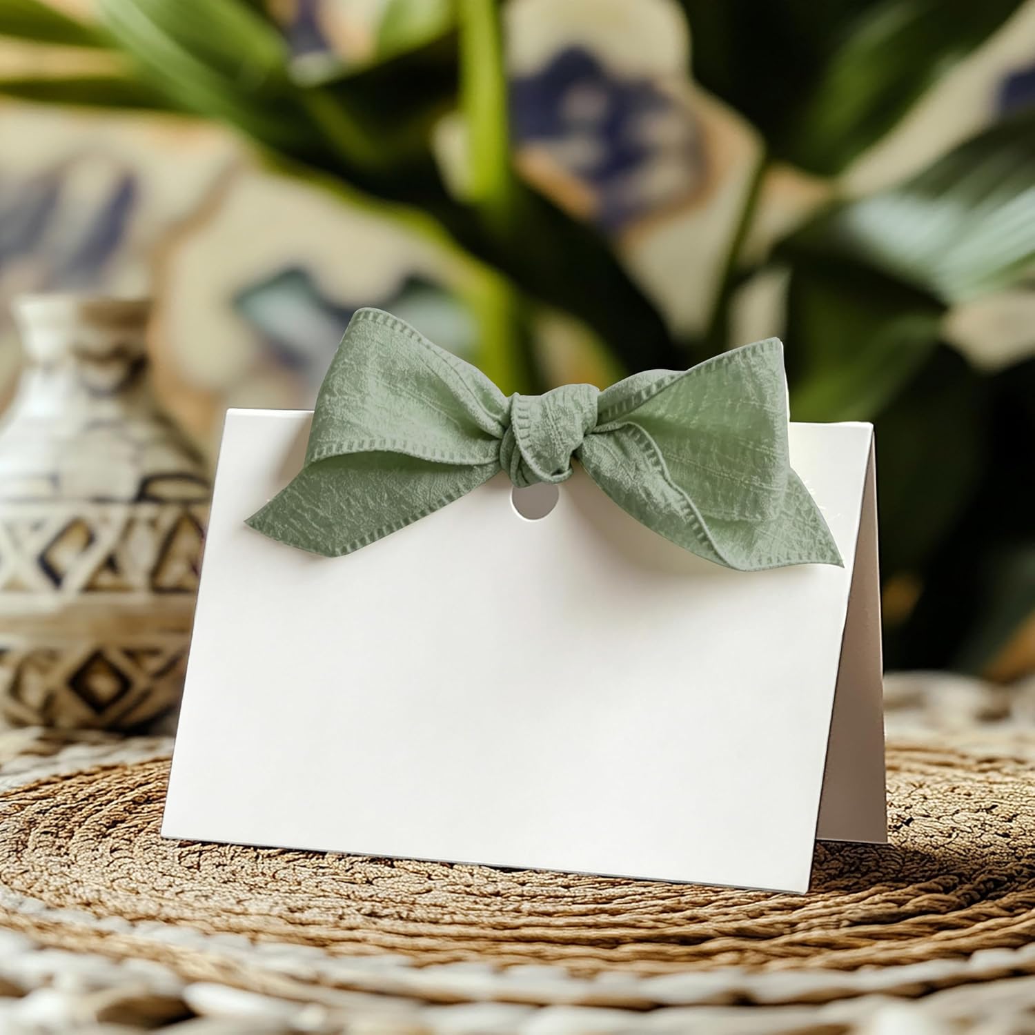 Name Place Cards for Table Setting Blank Wedding Tent Cards with Chiffon Ribbon - 2 x 3.5" DIY Place Cards for Wedding Party, Bridal Shower, Baby Shower, Birthday Party Table Setting Supplies - Green