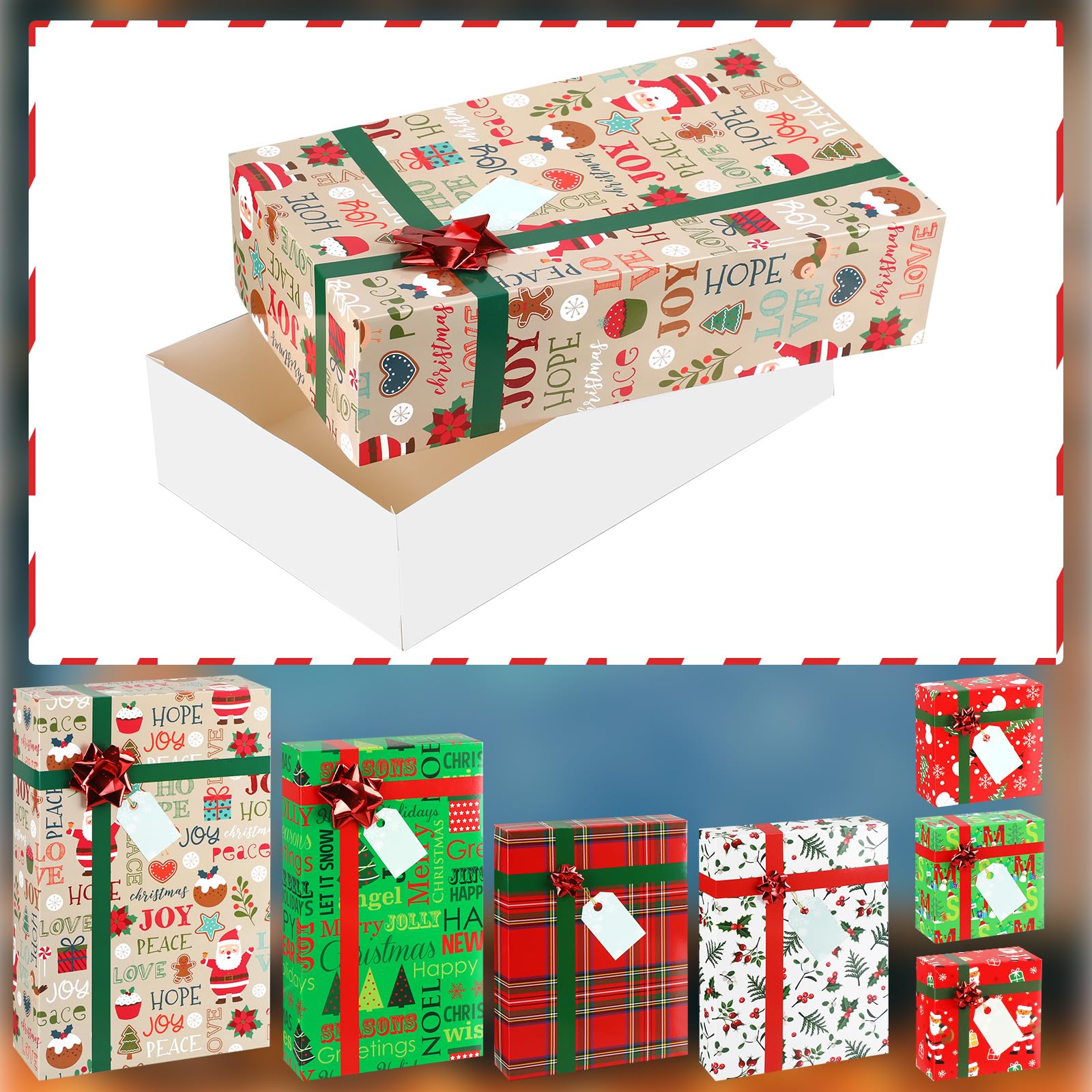 Lot de 24 boîtes cadeaux de Noël avec couvercles et nœuds rouges - Boîtes cadeaux de Noël - 4 tailles - Boîtes cadeaux de Noël pour emballer des cadeaux de Noël
