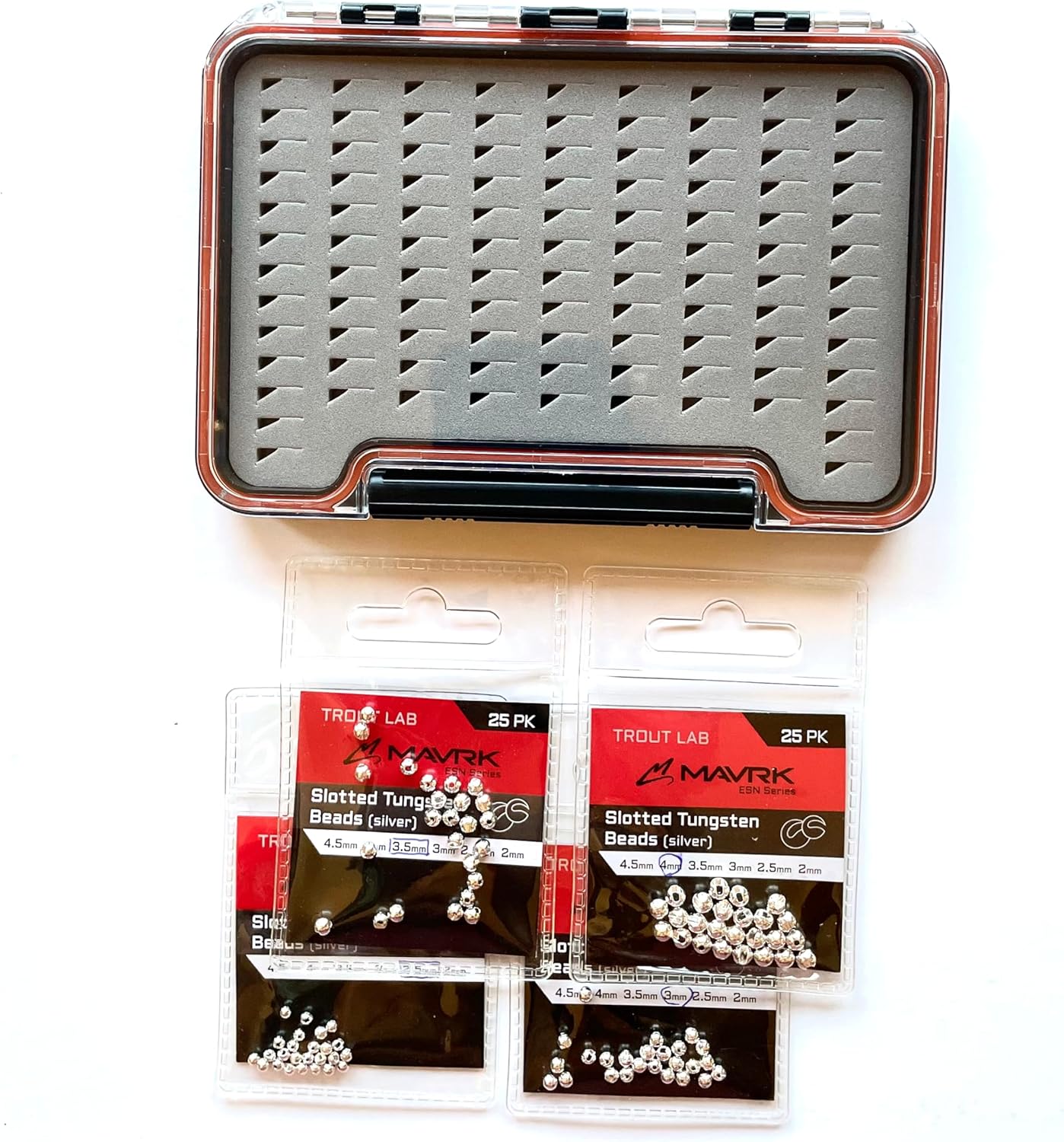 100 pc Silver Slotted Tungsten Bead Set. Four sizes - 4mm, 3.5mm, 3mm, 2.5mm. Fly Box Included