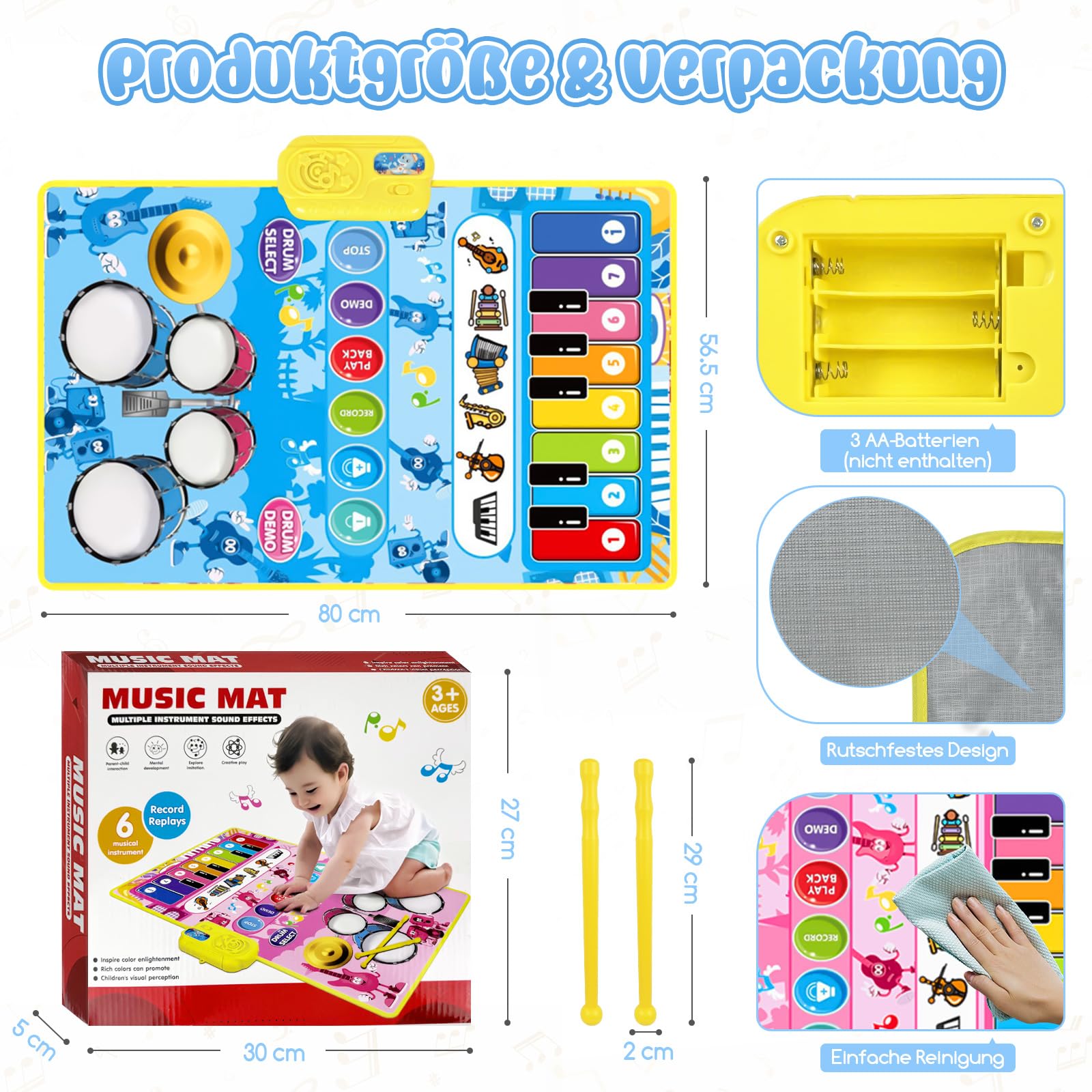 Musikmatte, Klaviermatte, Jazztrommel, Baby Spielzeug Musik Klaviermatte Keyboard Kinder, Spielzeug Geburtstag für Mädchen Junge ab 1 2 3 4 Jahre Kleinkinde (Blau)