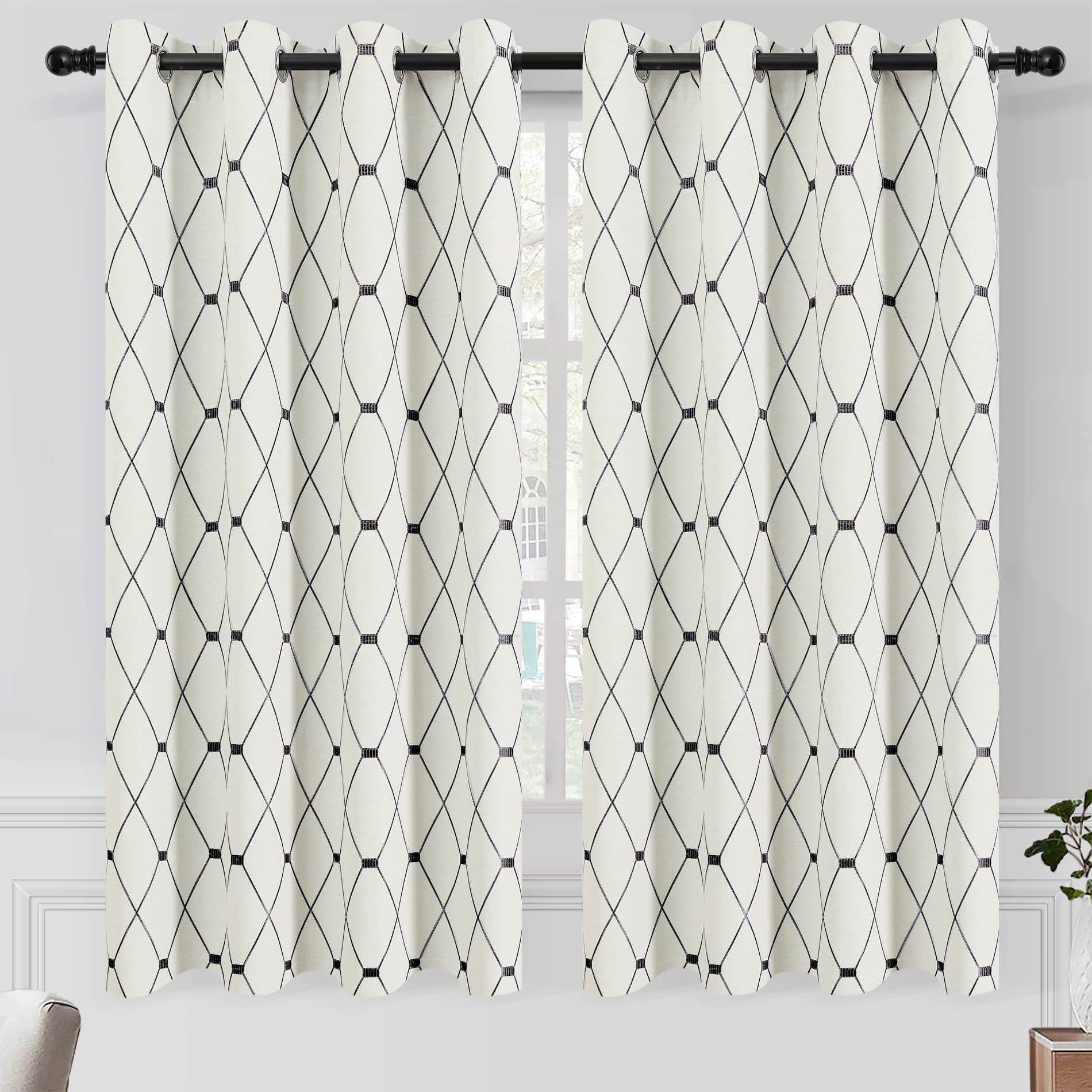 Joywell Cream Linen Curtains 63 Inches Long for Living Room Black Pattern Embroidered 50% Blackout Curtain Modern Farmhouse Decor Neutral Grommet Top