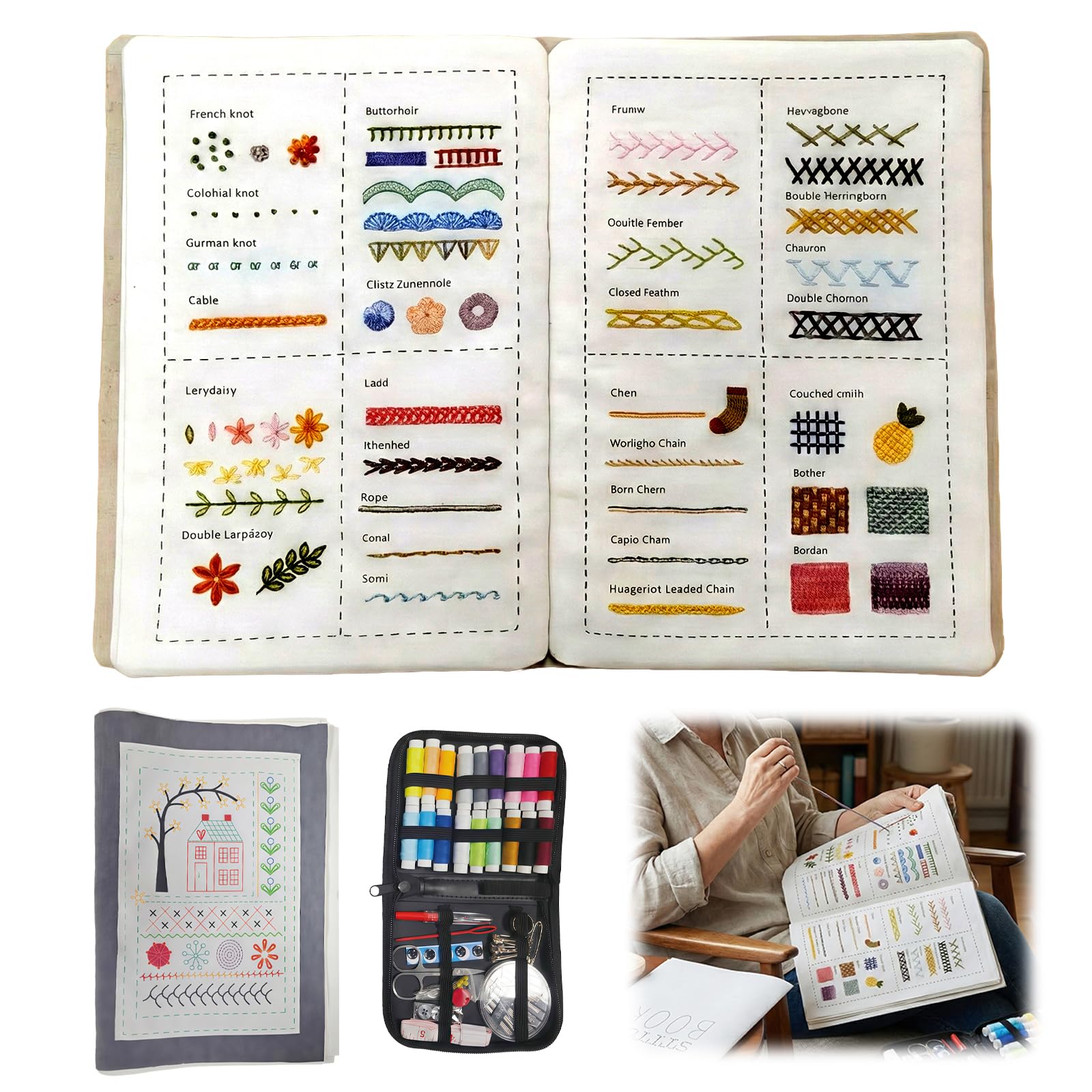 Nocecfi DIY Stitch Embroidery Books, Embroidery Stitch Book Kit, Comes with a Complete Toolkit and Instructional Tutorial for Beginners and Craft Lovers