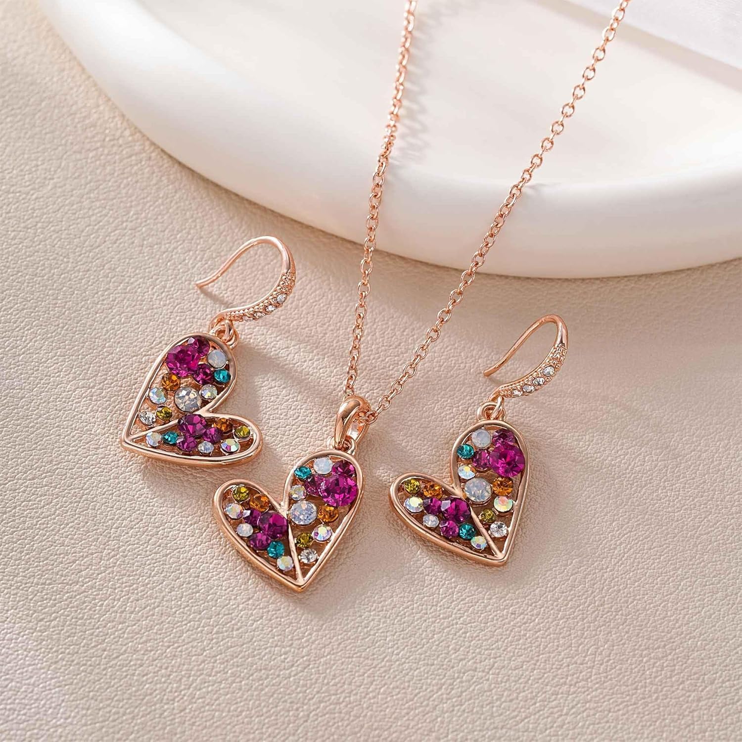 EVEVIC Austrian Crystals Heart Pendant Necklace Earrings Set for Women 14K Rose Gold Plated Drop Earrings Hypoallergenic Jewelry Set Gift for Birthday Anniversary Wedding - Image 3