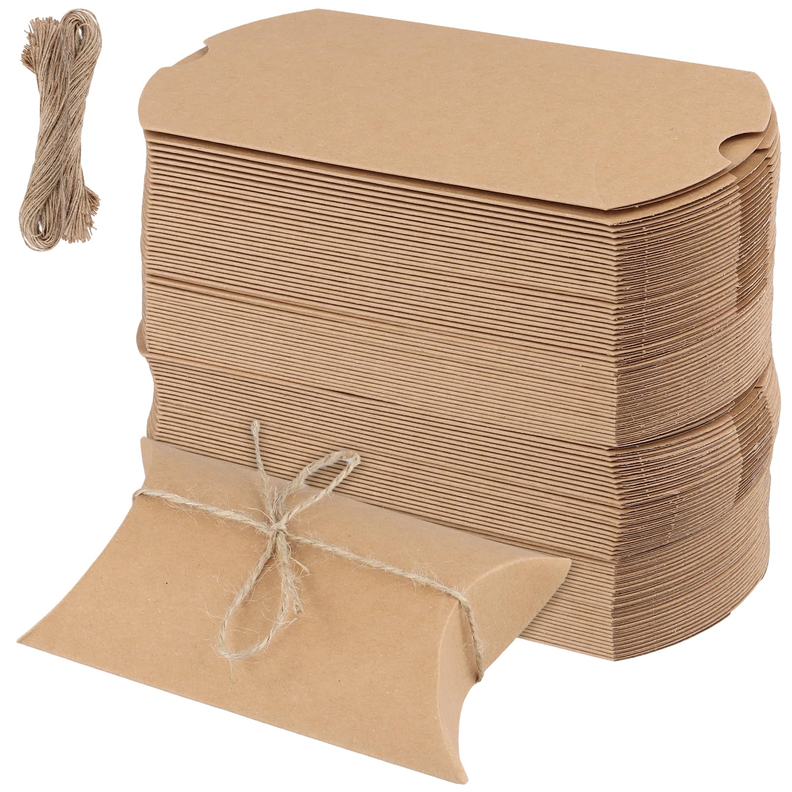 Soujap Khaki 100 Pcs Kraft Pillow Gift Boxes With 100 Jute Twines, 13 X 8.8 X 3.5Cm Brown Pillow Favour Boxes With Jute Rope For Wedding Birthday Party