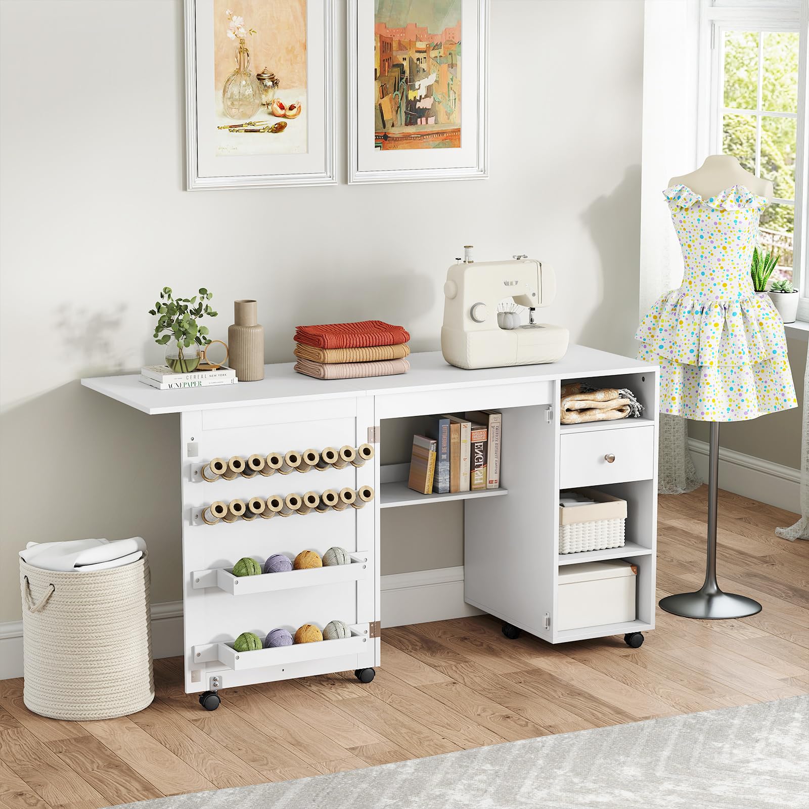 RELAX4LIFE Table de Couture Pliante - 18 Crochets, 2 Plateaux, 3 Compartiments, Tiroir, 4 roulettes Verrouillables, Table de Machine à Coudre en Bois, Meuble Couture Gain de Place pour Aiguilles Fils