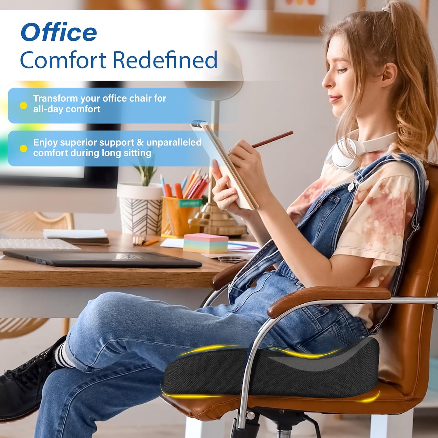 car seat cushion: ergonomic memory foam car cushion for sciatica pain relief, larger driving seat pillow for short drivers on long drives - butt pillow for truck, office, wheelchair - dark black dark black standard