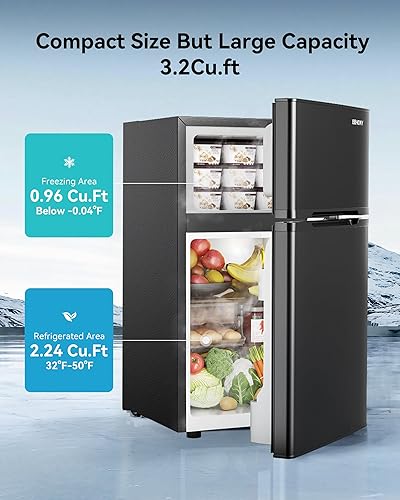 Miniatura 2 de EUHOMY Refrigerador de 3.2 pies cúbicos con congelador, refrigerador de 2 puertas, termostato ajustable, gran capacidad, refrigerador para