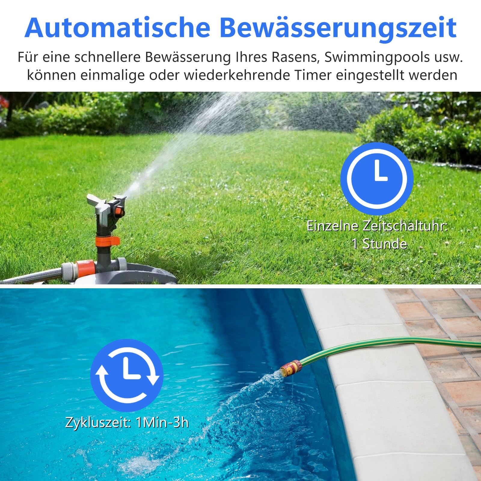 Bewässerungscomputer 2 Ausgänge, Großem LED-Display, Bewässerungs-Timer mit Regenverzögerung/manueller Übersteuerung/Wasserhahn-Timer, geeignet für Gärten, Rasenflächen und Topfpflanzen.