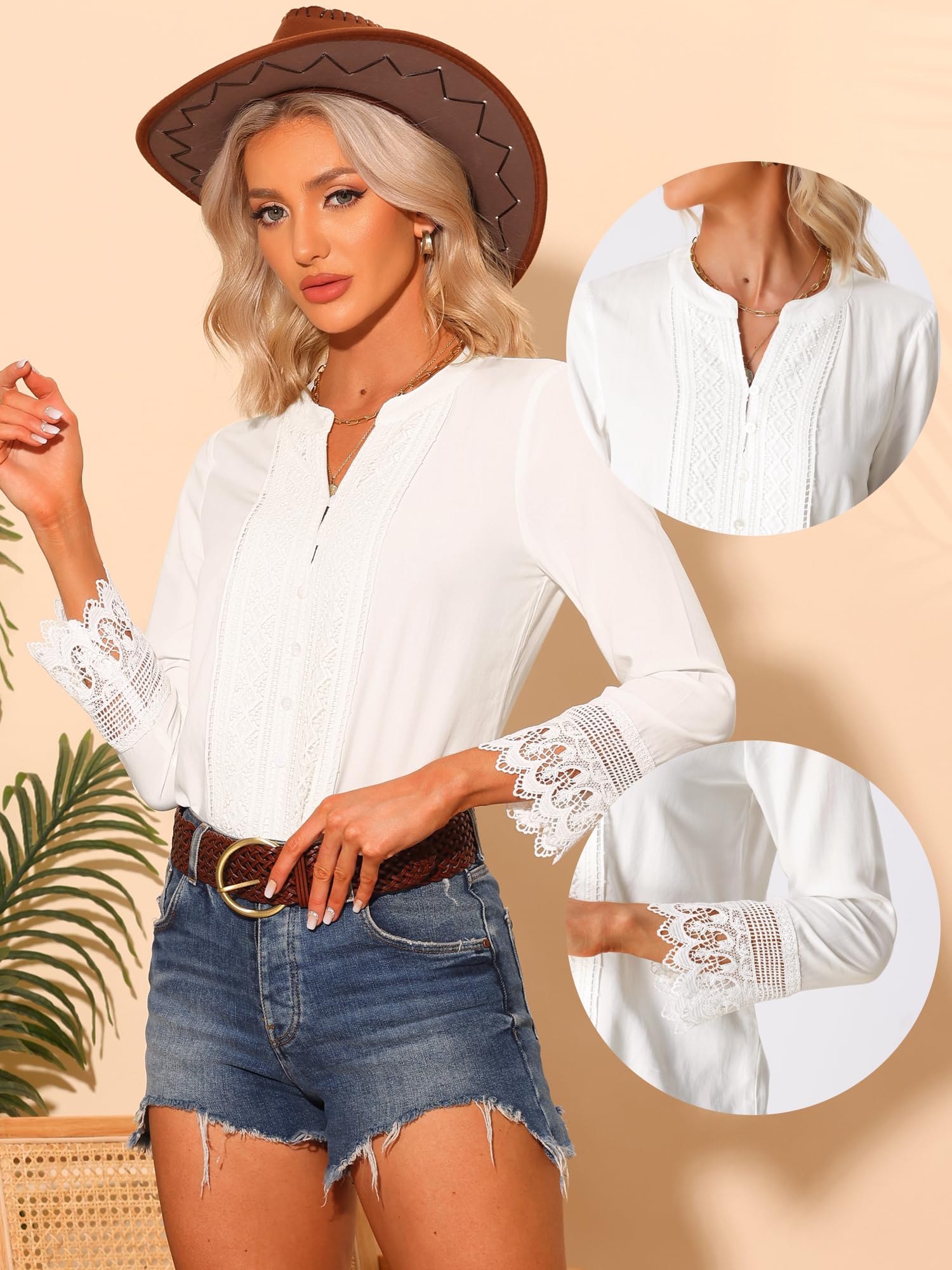 Allegra K Blusa bohemia para mujer, con solapa de medio botón, manga larga, encaje y ganchillo