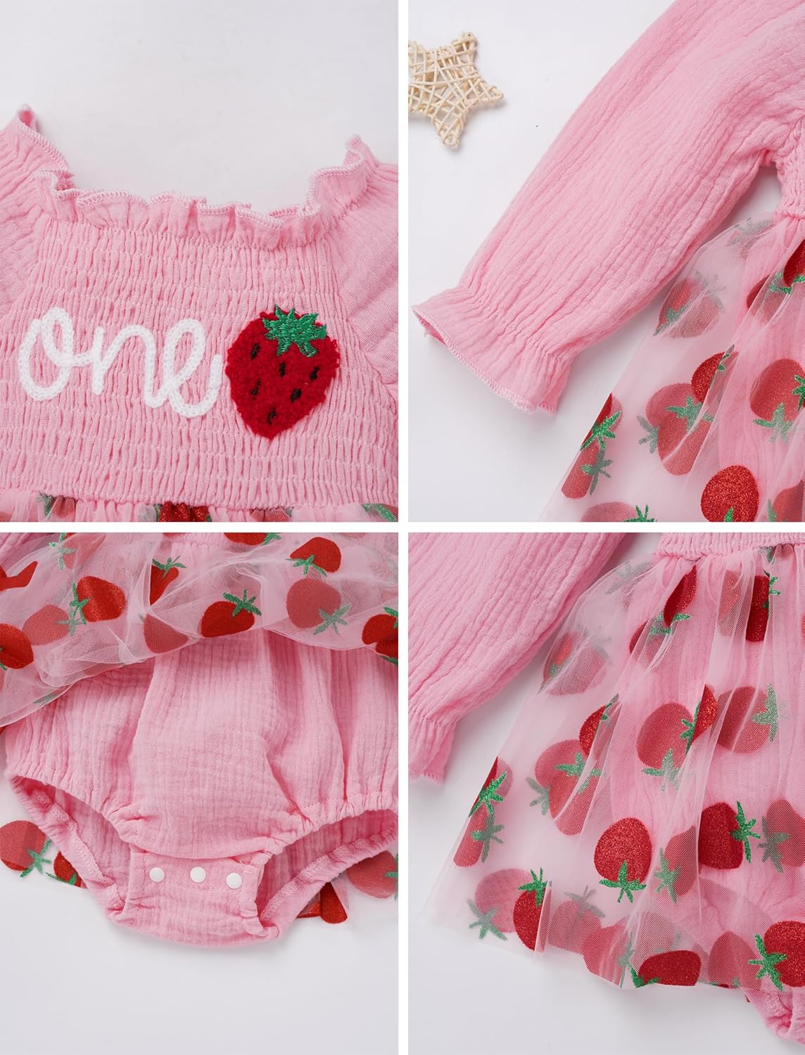 IDOPIP Baby Girls Strawberry Butterfly 1st Birthday Outfit Berry One Romper Smocked Ruffle Tutu Dress with Headband Clothes - Image 4