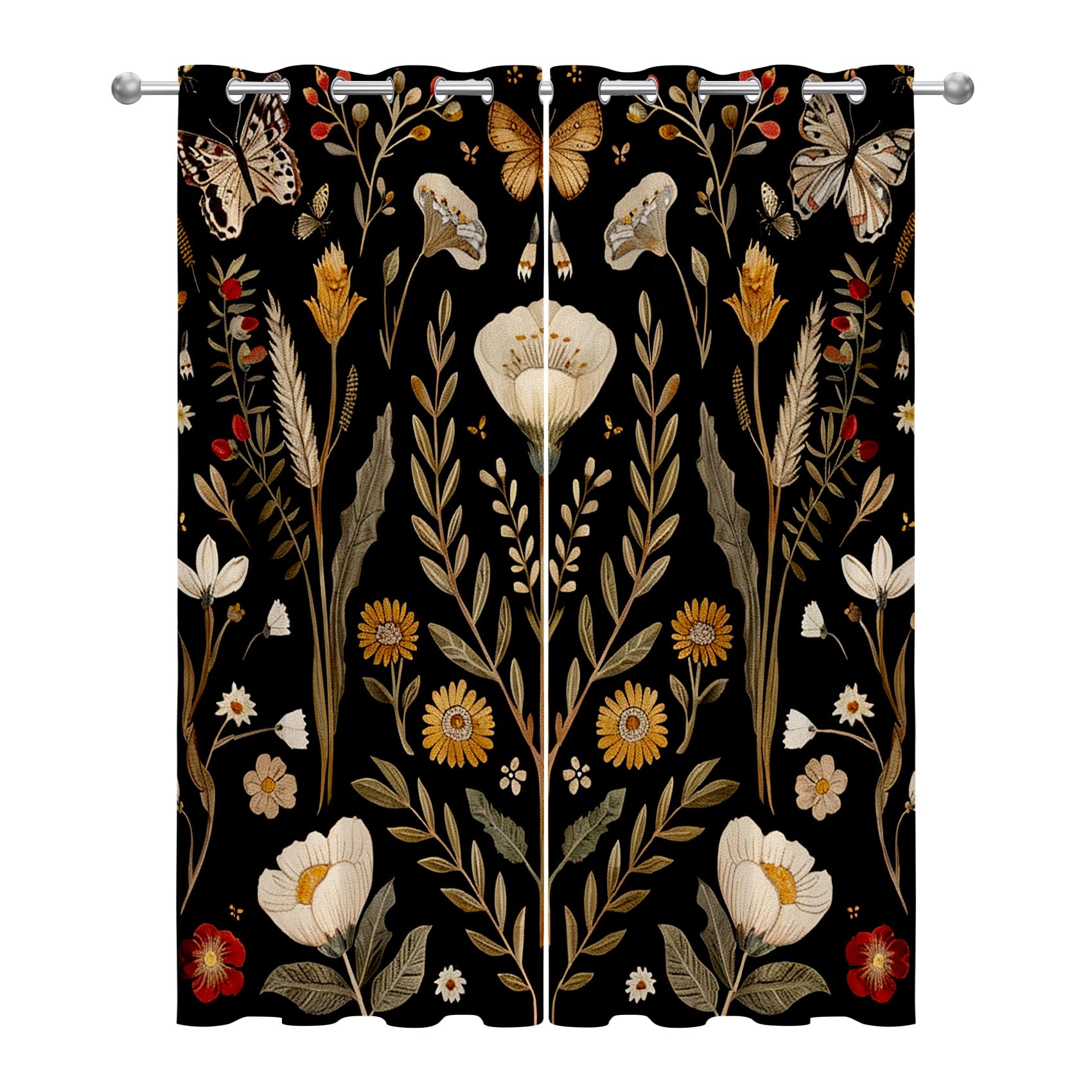 Mistela Vorhänge Mit Ösen Blickdichte Boho Botanische - Verdunklungsvorhänge Blätter Blumen Schmetterlinge Vorhänge Schlafzimmer Kinderzimmer Fenstervorhang - 2er Set - H200 x B140cm