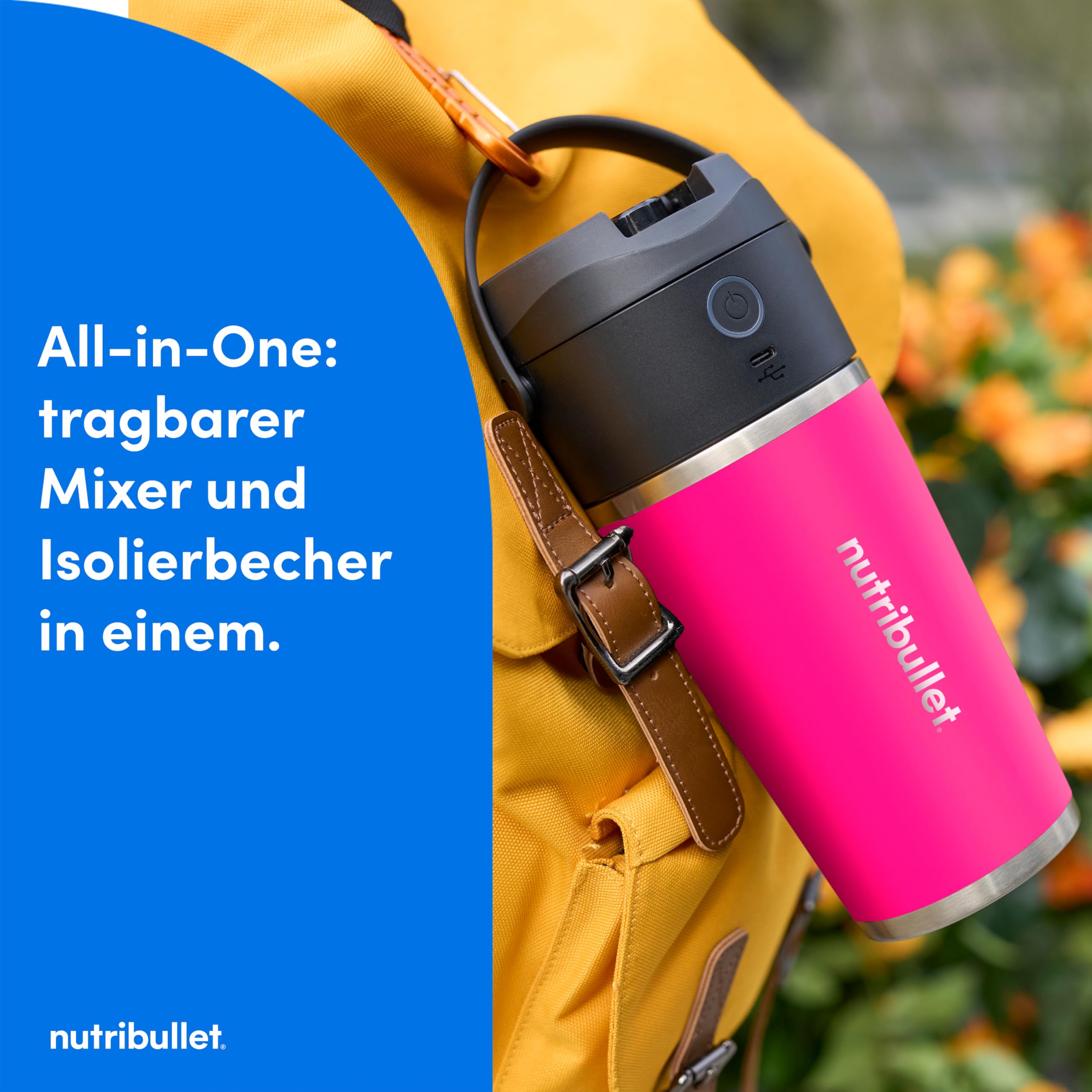 nutribullet Flip, Smoothie Mixer to go, 590 ml isolierter Edelstahl Thermobecher, hält 24h kalt, kabellos, wiederaufladbar (USB-C) für 14+ Mixvorgänge, Eiscrusher, Pink, NBP016MA