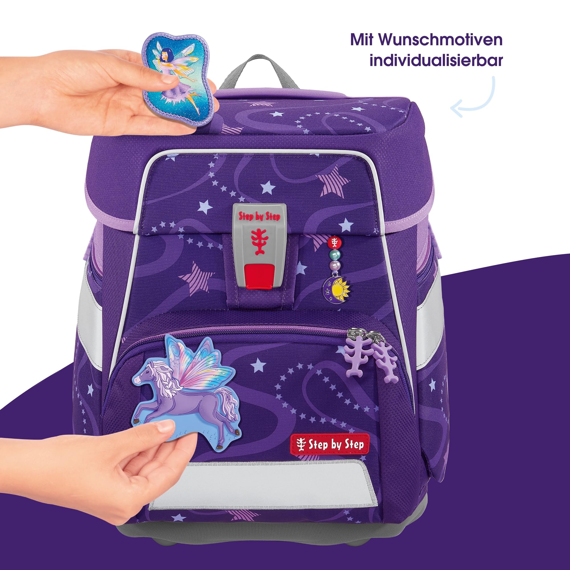 Step by Step Tornister szkolny Space, 5-częściowy, ergonomiczny tornister z odblaskami, regulacja wysokości z paskiem biodrowym, od 1. klasy, 20 l, Pegasus Emily - fioletowy, Rozmiar uniwersalny