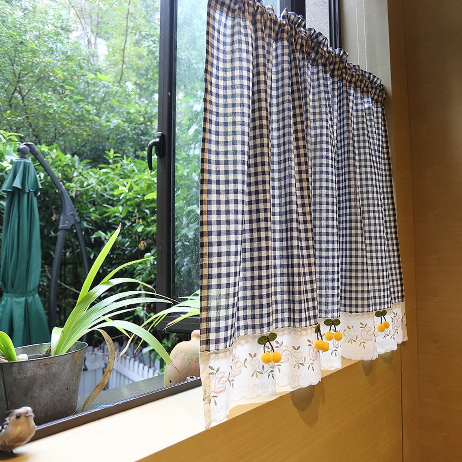Rideau de fenêtre en coton à carreaux bleus – Motif fleurs de cerisier – Cantonnière rustique semi-transparente pour cuisine, bistrot, café – Petite taille – Décoration d'intérieur moderne