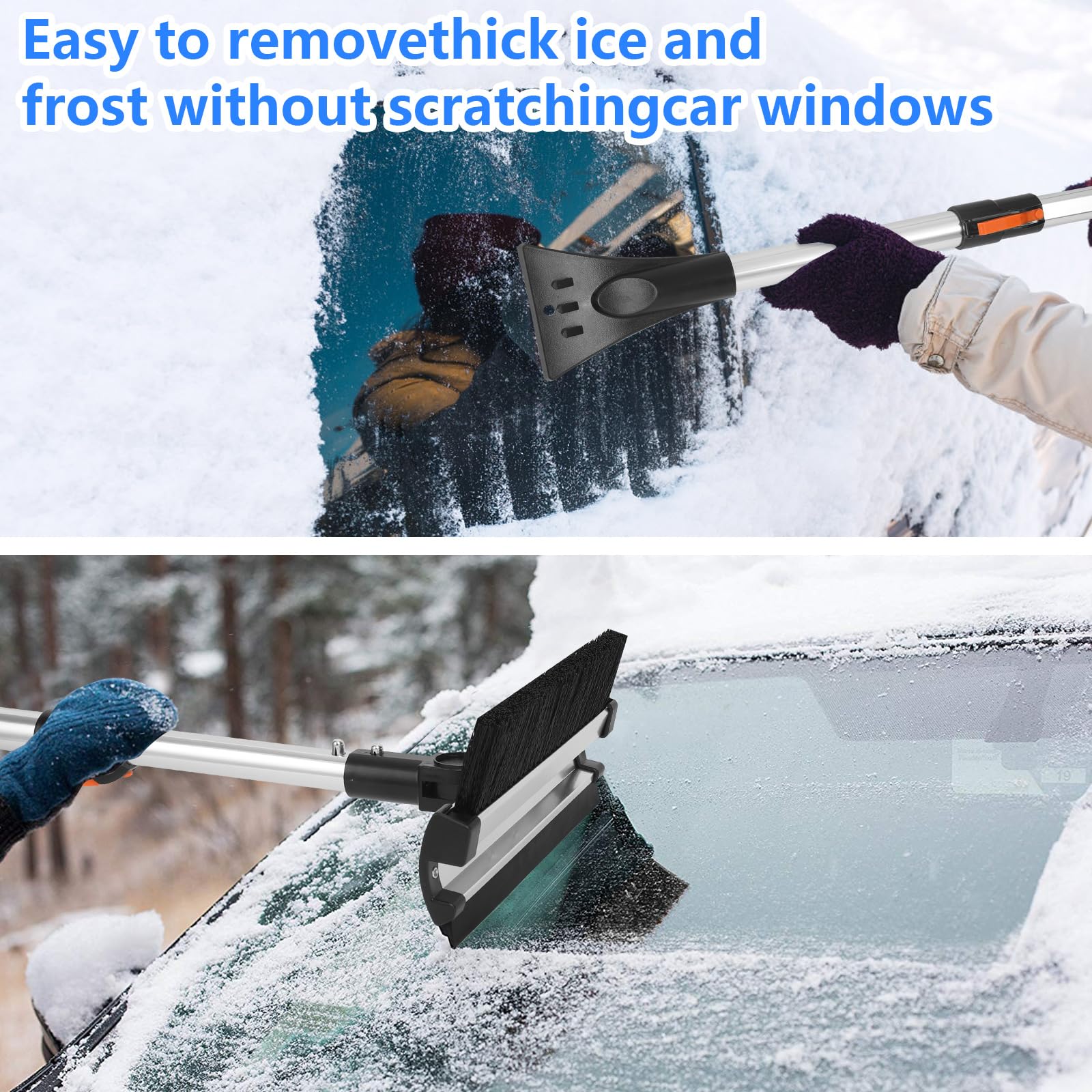 Rascador de Hielo para Coche 3 En 1, Pala Quitanieves con Cepillo Ajustable, Pala Quitanieves con Función Telescópica, Escoba para Nieve, Rascador de Hielo ExtraíBle para Coche