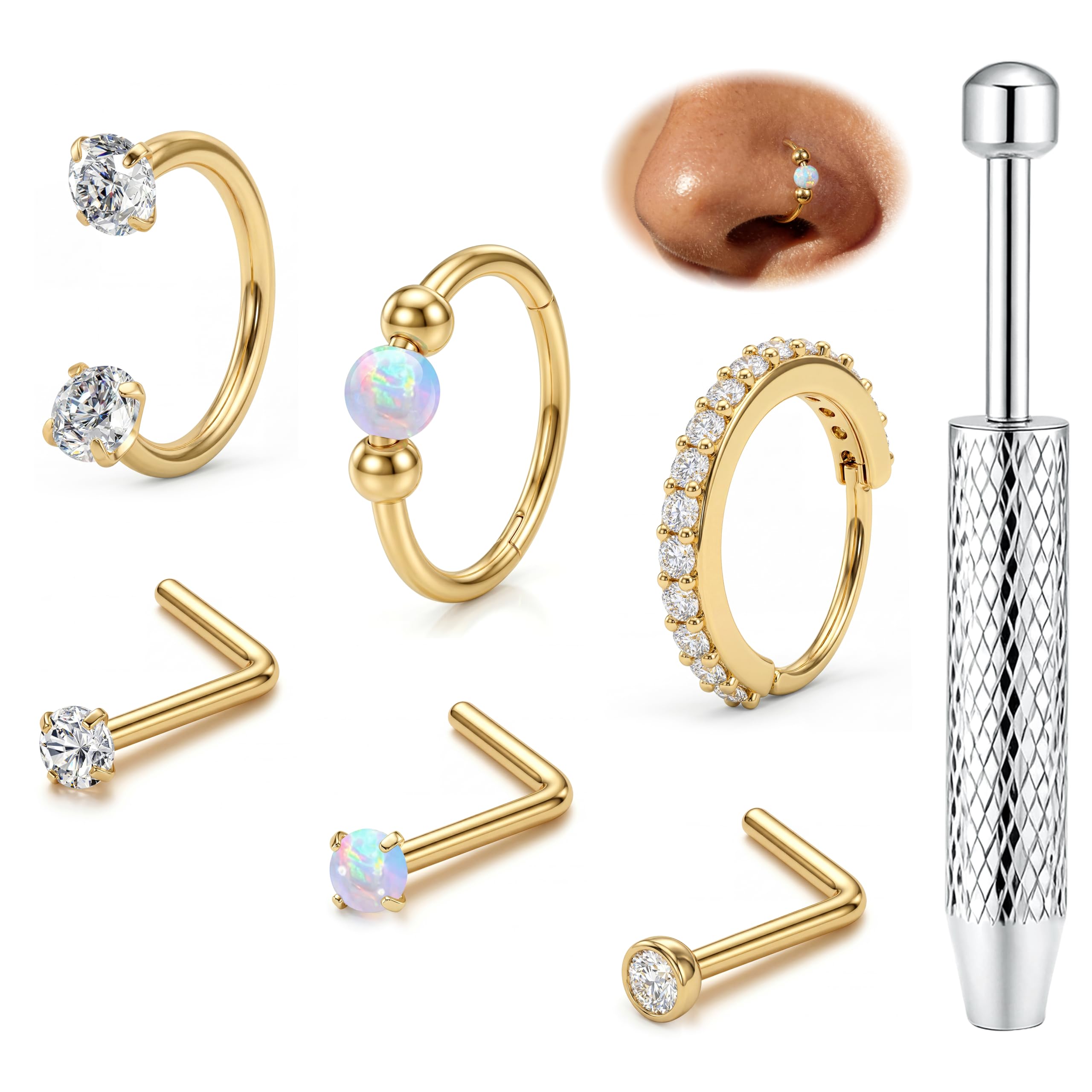 ORAZIO 6 Stück Nasenpiercing Chirurgenstahl Damen Septum Hufeisen Piercing Nasenpiercing Gold/Silber Stecker Septum Ringe Nose Nostril Piercing Nasenstecker L/S Nasenring Piercing - 1