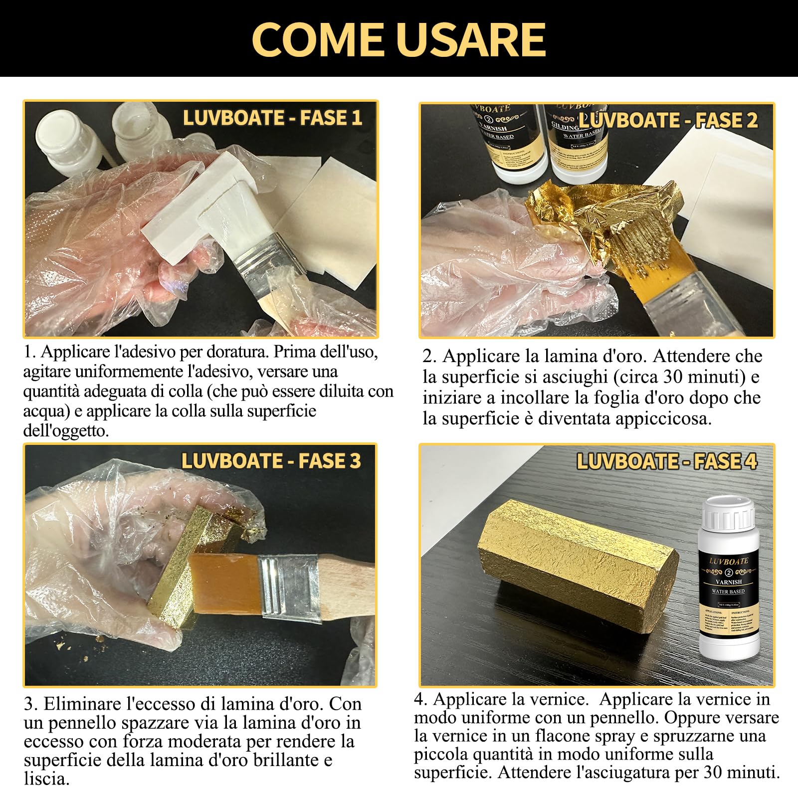 Set di fogli d'oro adesivi, LUVBOATE Set di fogli d'oro, 100ml di adesivo per doratura a base acquosa e 100ml di vernice protettiva, 100 fogli d'oro per arte, pittura, arredamento e decorazione