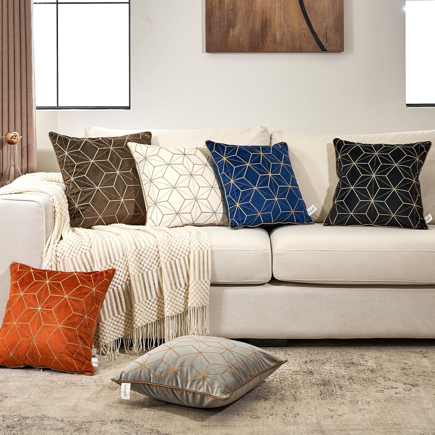 Aeckself 12 x 20 Inch Orange Gold Plaid Geometric Stripes Embroidery Velvet Cushion Case Luxury Modern Rectangle Decorative Throw Pillow Cover Pillowcase for Couch Living Room Bedroom Car - Image 7