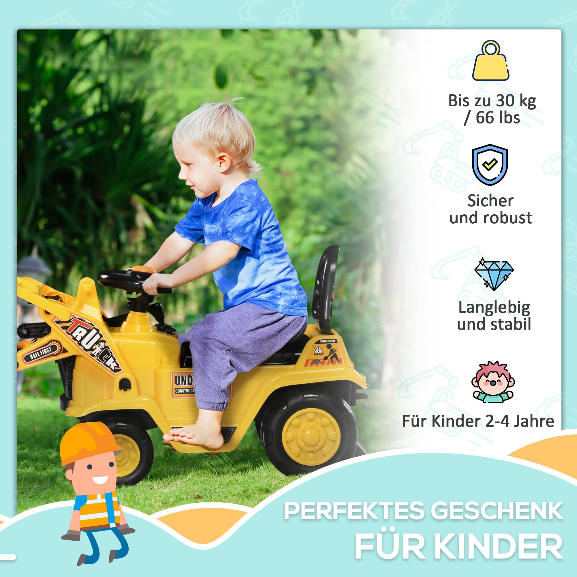 HOMCOM Sitzbagger Aufsitzbagger mit drehbarer Verstellbarer Schaufel, Hupe Kinderbagger mit Stauraum unter Sitz Rutschauto Spielzeugbagger zum Sitzen bis 30 kg, Sandbagger für Kinder 2-4 Jahre Gelb