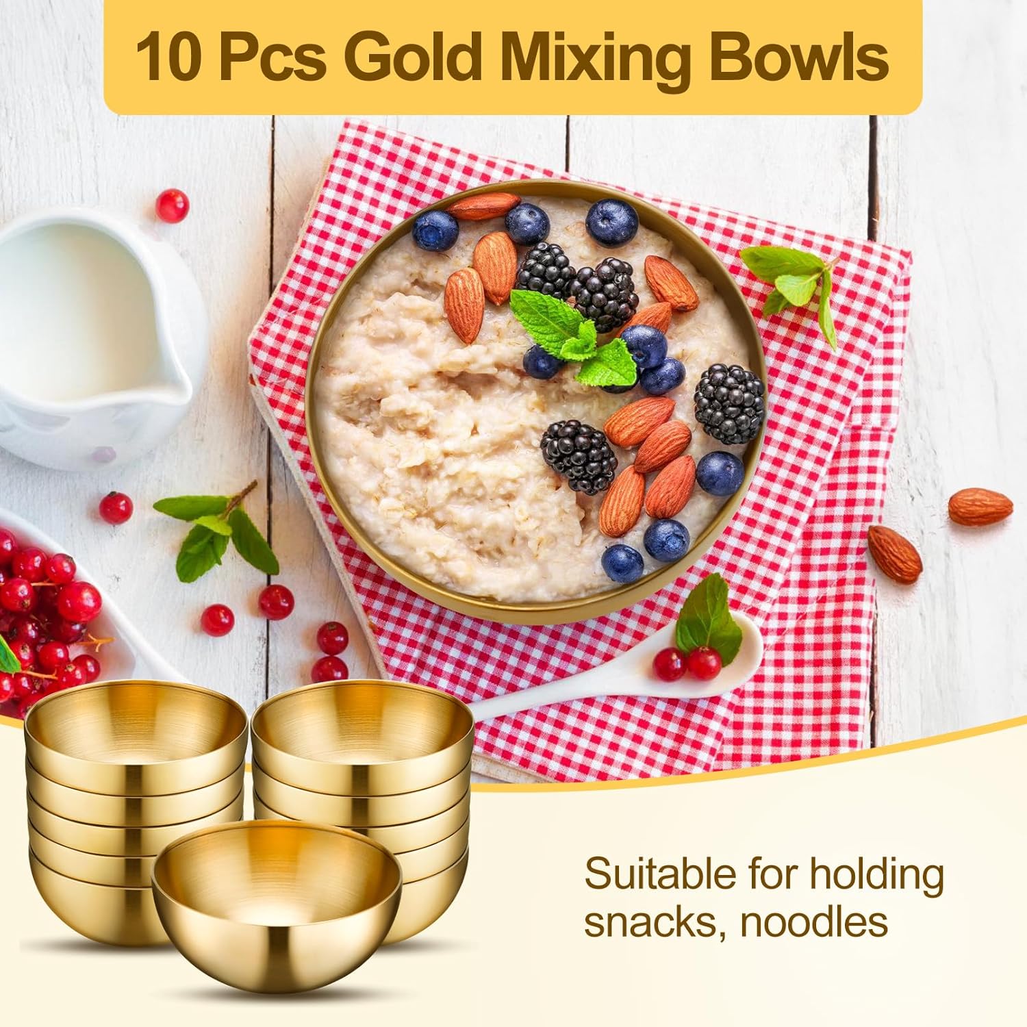 10 Pack Gold Mixing Bowls,Gold Stainless Steel Bowls,Metal Salad Bowl Food Serving Bowl for Fruit,Vegetable,Snacks,Rice,Cereal,Wedding,Party(5.9 Inch)