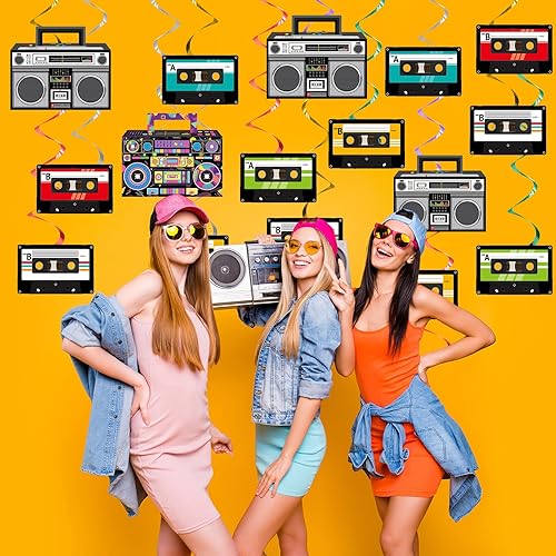 Miniatura 5 de 72 piezas de decoraciones de fiesta temática de los años 90, cinta grabadora de música de los años 80, remolinos colgantes, recortes de papel para