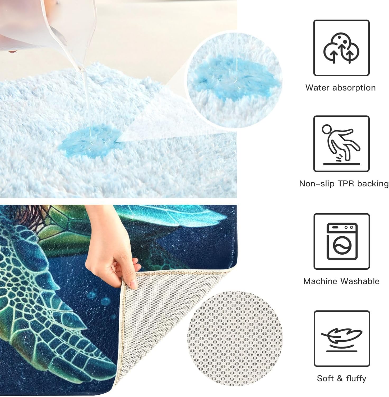 Sea Turtle U-Shaped Toilet Rug 20" x 24" Contoured Toilet Mat Absorbent Shaggy Bathroom Rug Floor Mats