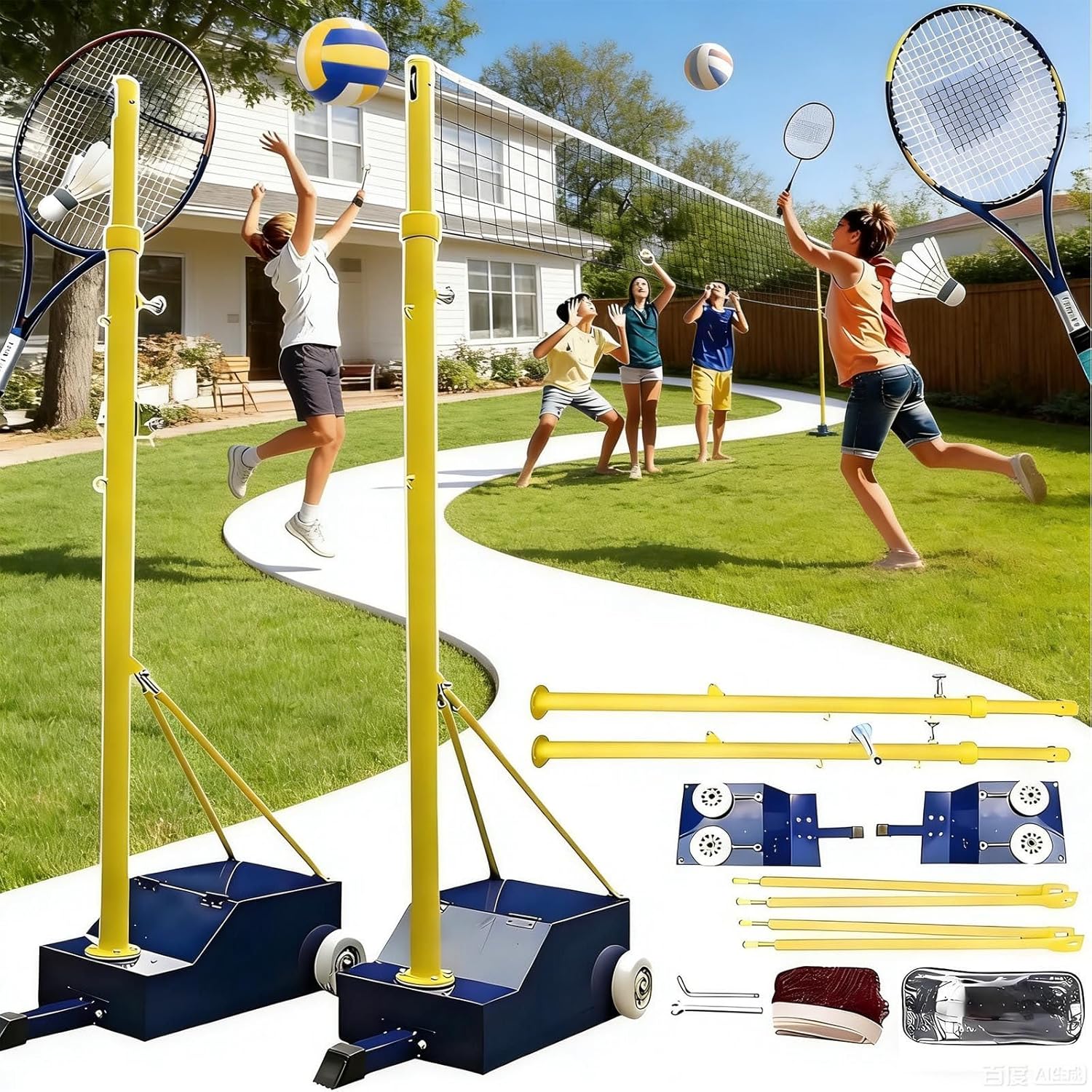Portable Volleyball Poles with Wheels & Sand Base | Adjustable 5-6.9ft Height for Kids & Adults | Includes Volleyball & Banton for Backyard, Indoor & Outdoor Games