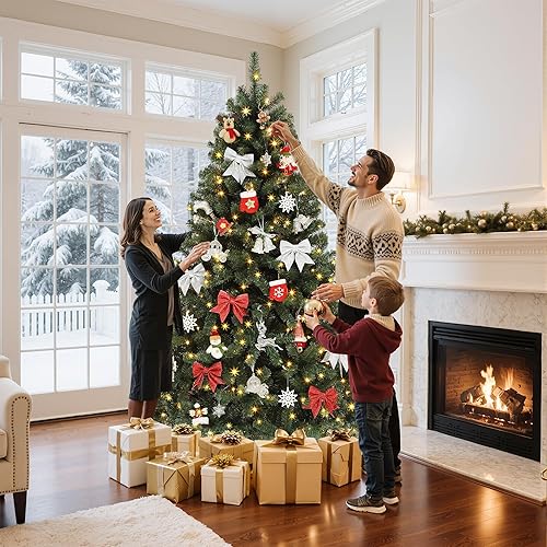 Miniatura 2 de GOOBED Árbol de Navidad preiluminado con control remoto, árbol de Navidad verde de 6 pies con ramas con bisagras y soporte plegable, árbol