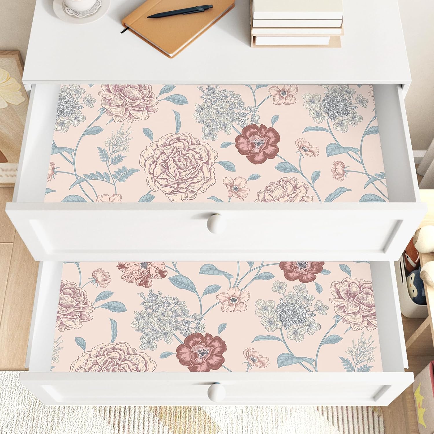 Pink/Red Floral Peel and Stick Wallpaper Vintage Floral Wallpaper Pink Flower Wall Paper Self Adhesive Removable Contact Paper for Cabinets Walls Bedroom Bathroom Shelf Liner 17.5"x102"