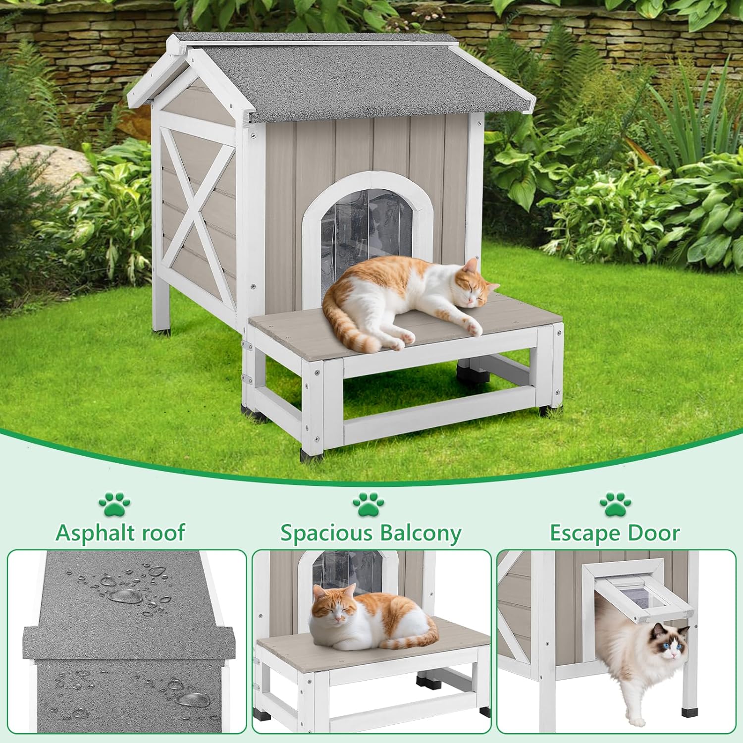PetsCosset Outdoor Indoor Cat House Weatherproof Wooden Feral Cat Shelter with Openable Asphalt Roof, Large Balcony, Escape Door, Cozy Scratch-Resistant Fabric Lining