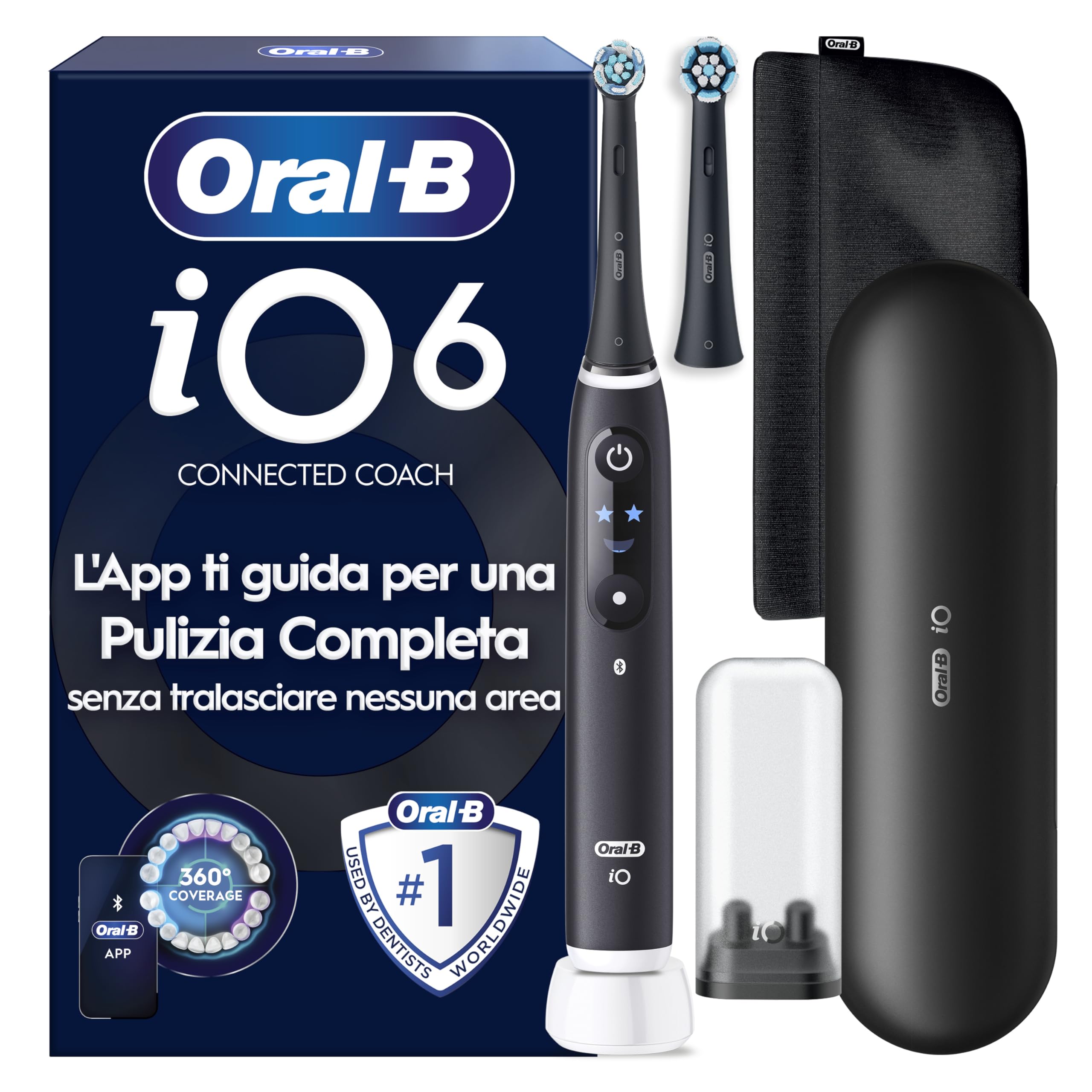 Oral-B iO 6 Spazzolino Elettrico, 2 Testine di Ricambio, Custodia, Nero - 2 Testine di Ricambio per Spazzolino Elettrico, Ricaricabile, Custodia da Viaggio, Sensore di Pressione, Pulizia Denti