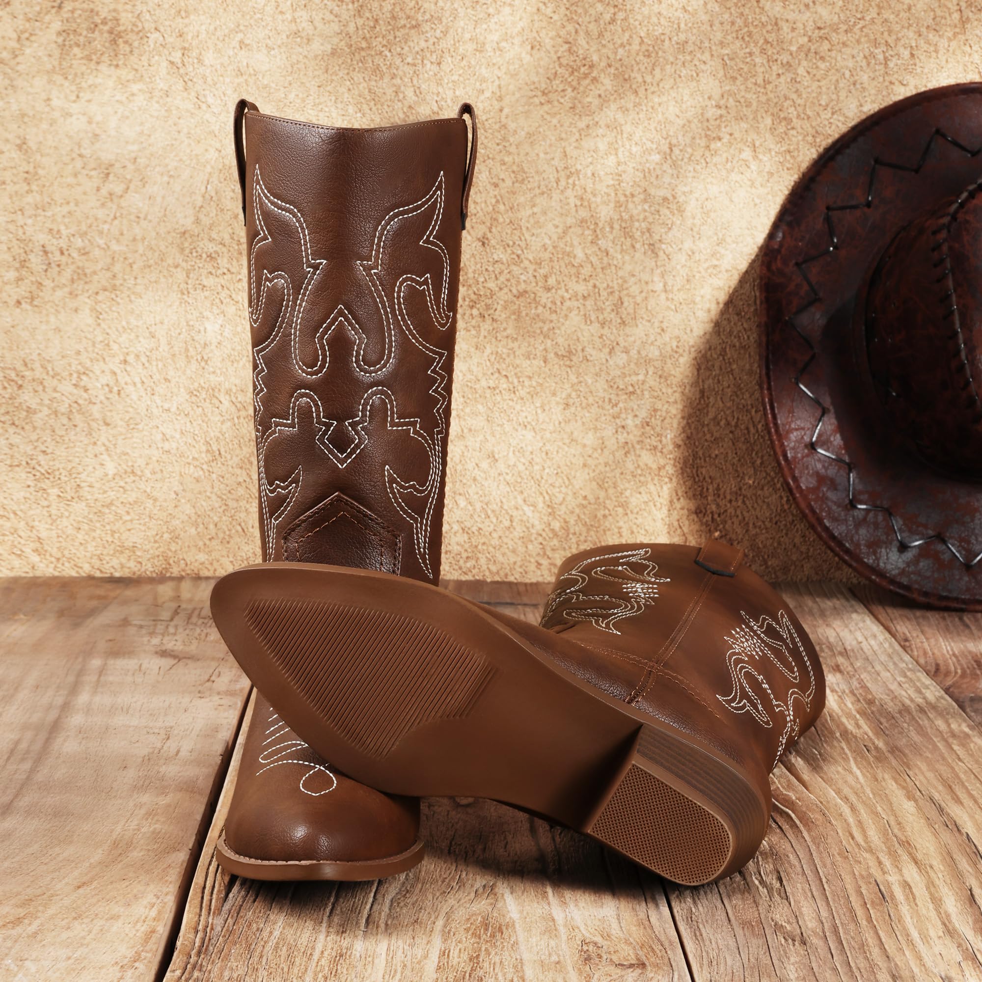 DREAM PAIRS Botas Vaqueras Tobillo Mujer | Punta clásica, tacón 4.5cm, patrones bordados, forro suave, plantilla PU+4mm látex.
