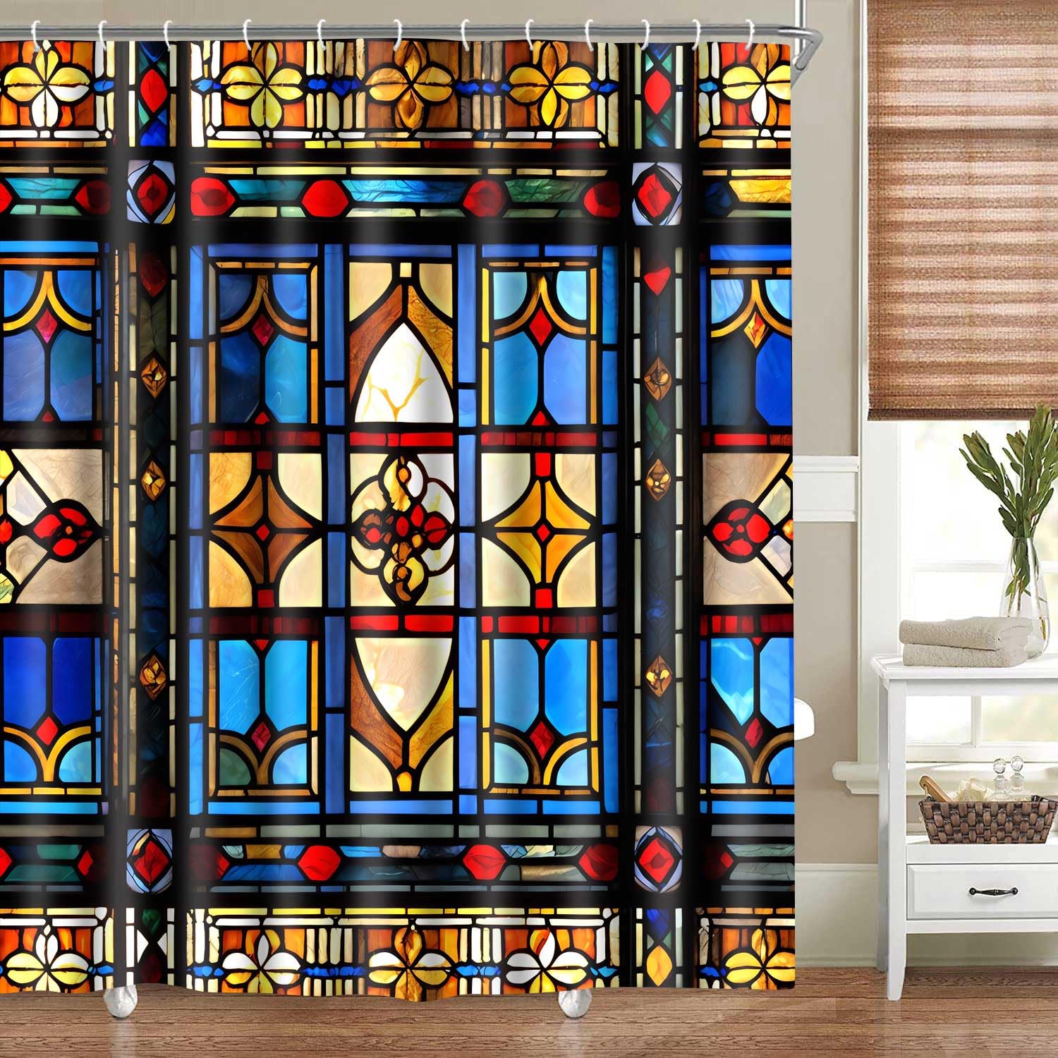 Stained Glass Shower Curtain Medieval European Church Style Christ Cross Abstract Geometric Shower Curtains for Bathroom Decor 72x72 Inches Christian