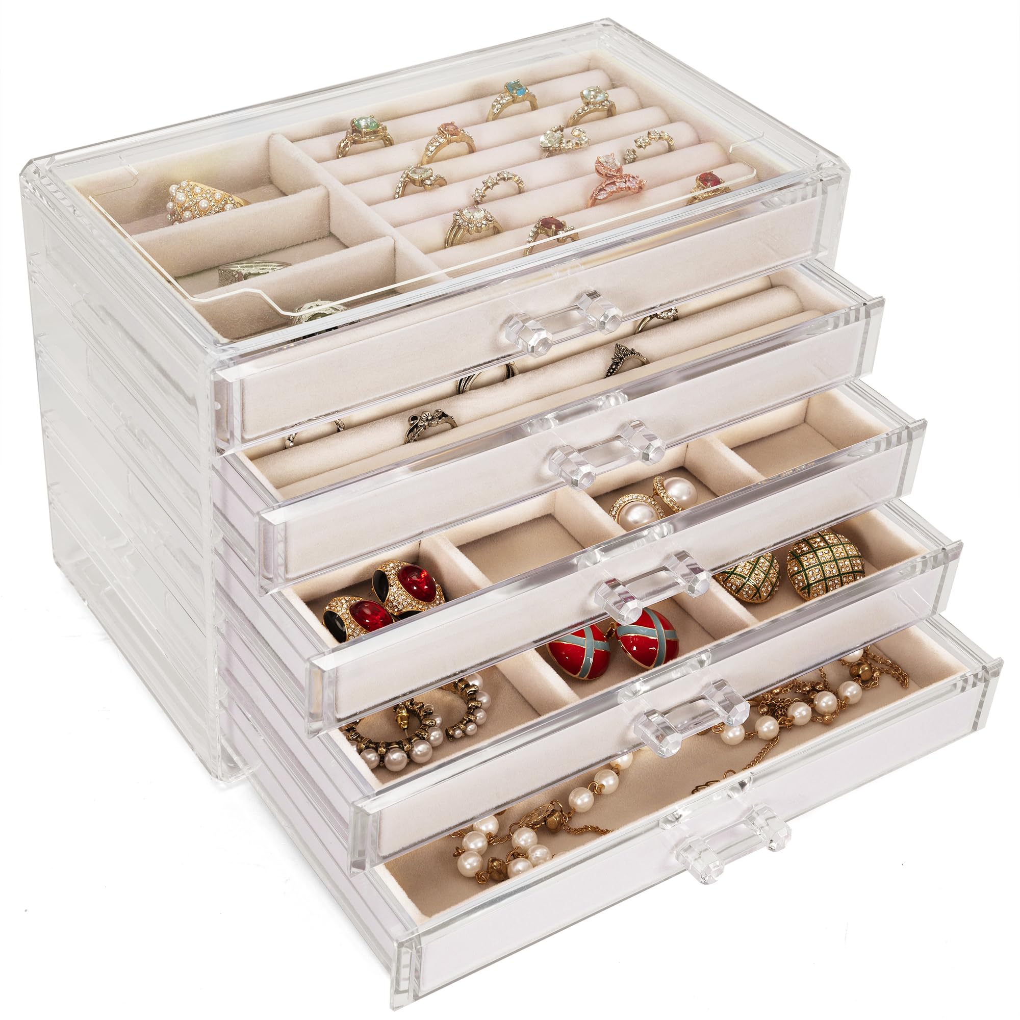 OUUTMEE Acryl Schmuckschatulle durchsichtig mit 5 Schubladen,Schmuckkästchen Samt Schmuckbox für Ringe, Ohrringe, Uhr, Armbänder und Halskette, Beige