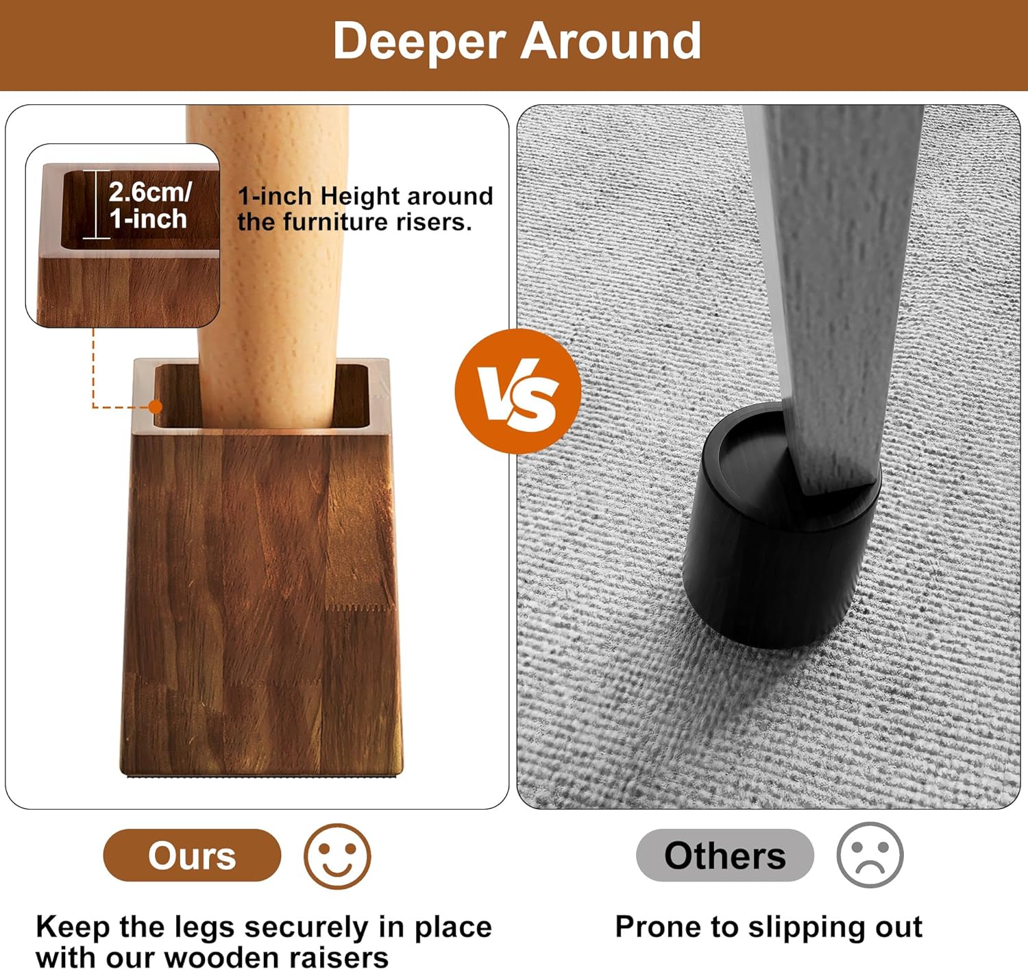 TQVAI Bed Risers Heavy Duty, Support 2200 lbs, 1-in Deep Anti-Fall Edge, 4 Pack Wooden Furniture Bed Lifts Risers with Non-Slip Pads for King Queen Twin Full Size Frame, Retro Brown, 5" H(Inner 4" H)