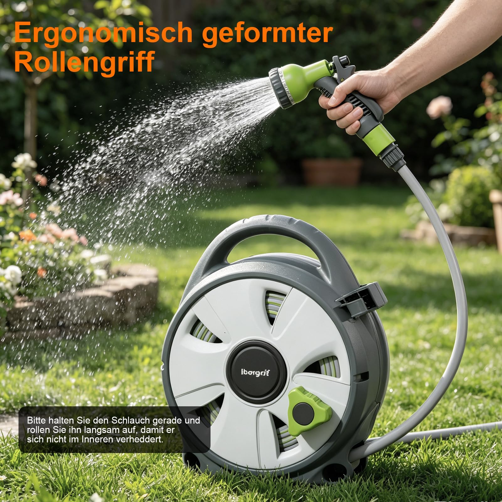 Ibegrif M22220 Schlauchtrommel mit 10 m Wasserschlauch und Multifunktionsbrause, schwarz/grün