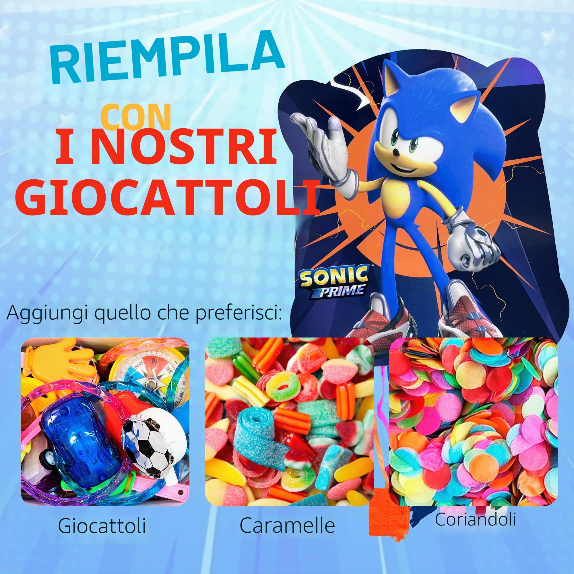 Pignata Sonic + Pack 70 Chuches Senza glutine e Giocattoli Pignata - Ananas Compleanno - Compleanno Sonic - Ananas - Riempimento pignata per bambini - Chuches - Decorazione festa - PARTY4EVER
