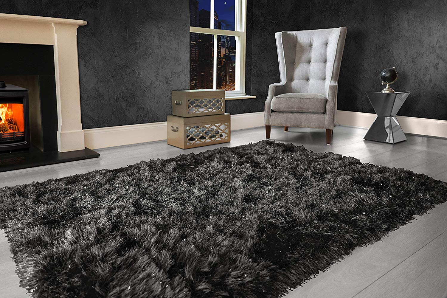 Modern Extra Large 9cm Thick Dense Pile SHAGGY RUG with SPARKLE SHIMMER Strands - For Living Room Area Rugs - Luxurious Super Soft Touch (Charcoal Black, 240cm x 340cm (7.9ft x 11.2ft))