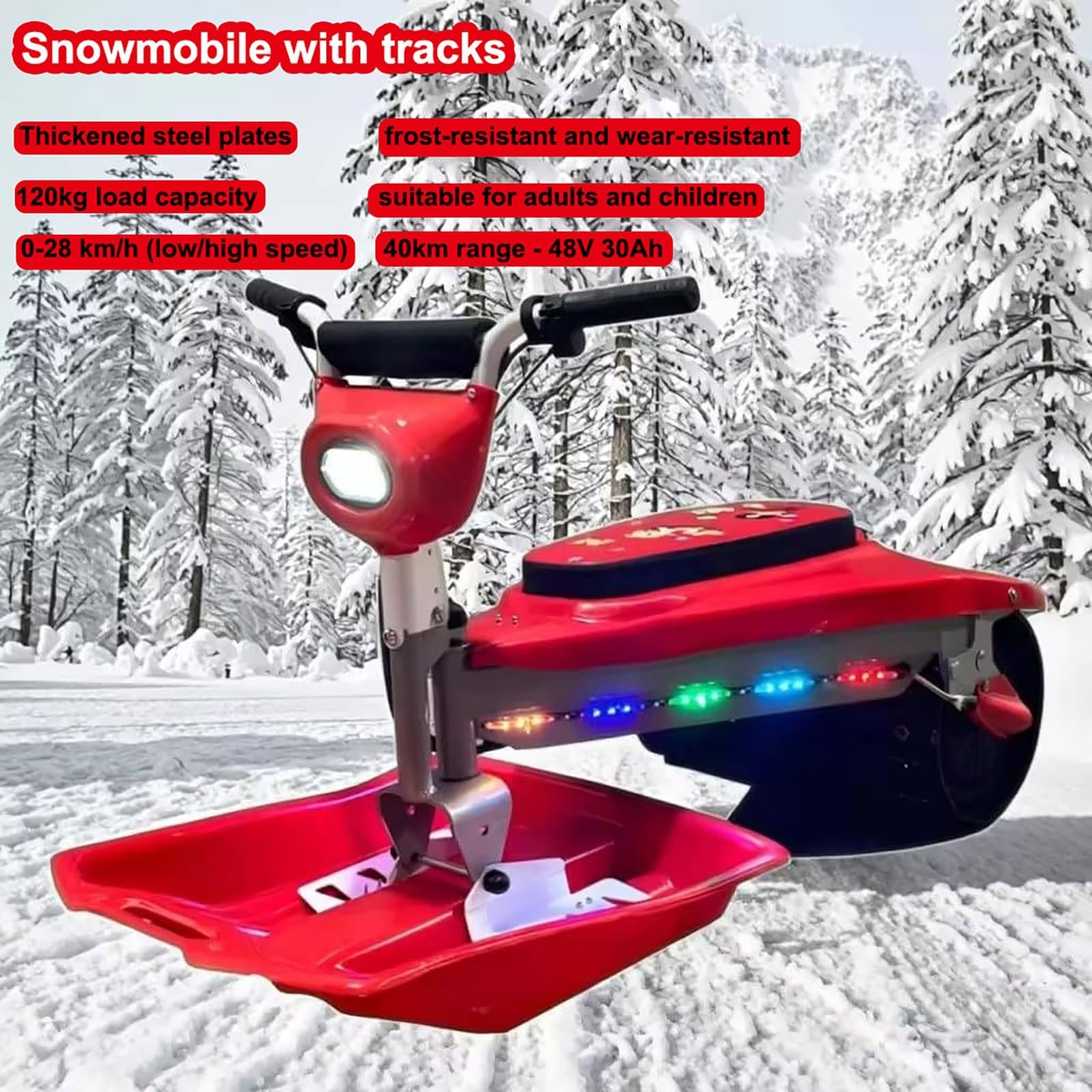 Moto De Nieve Eléctrica Familiar Con Luces LED, Motor Dual De 500W, Alcance De 40Km, Ajuste De Velocidad Baja/Alta, Moto De Nieve Con Orugas, Para Aventuras Invernales Seguras