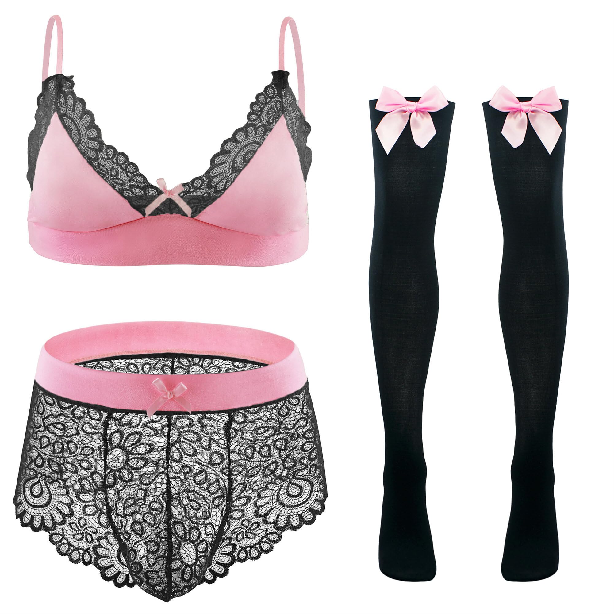 Happy Cherry Bikini Crossdressing Lencería Set para Hombres Sujetador Ropa Interior Medias Set 3 Piezas
