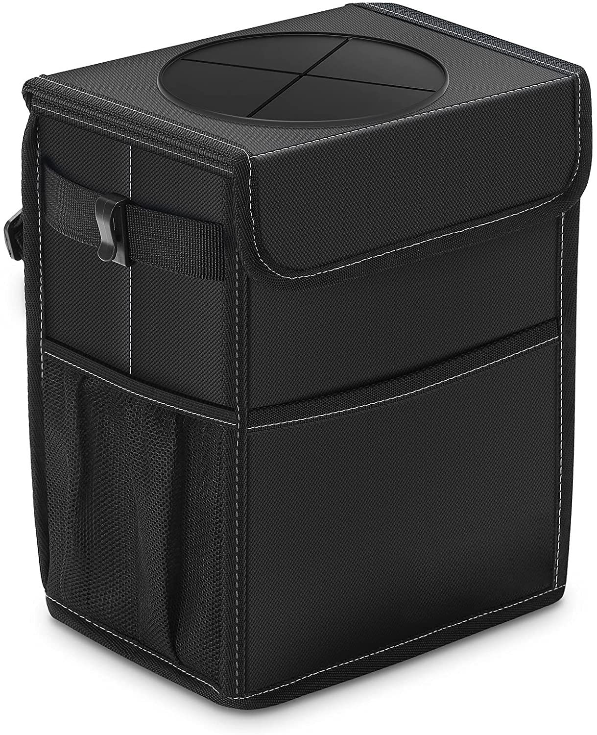 Car Trash Can with Lid and Storage Pockets, 100% Leak-Proof Car Organizer, Waterproof Car Garbage Can, Multipurpose Trash Bin for Car - Black