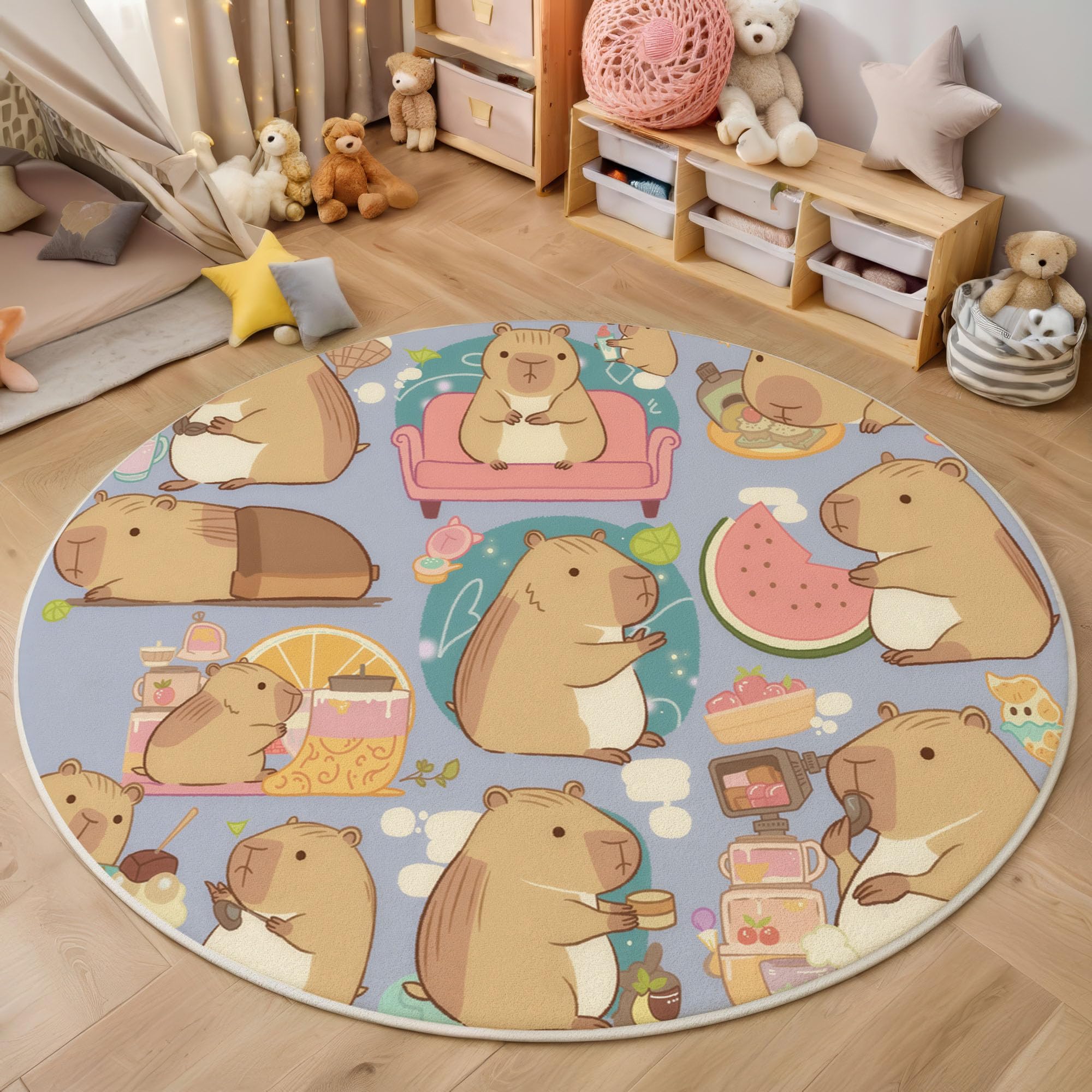 Tapis doux et douillet motif Capybaras rond pour salon