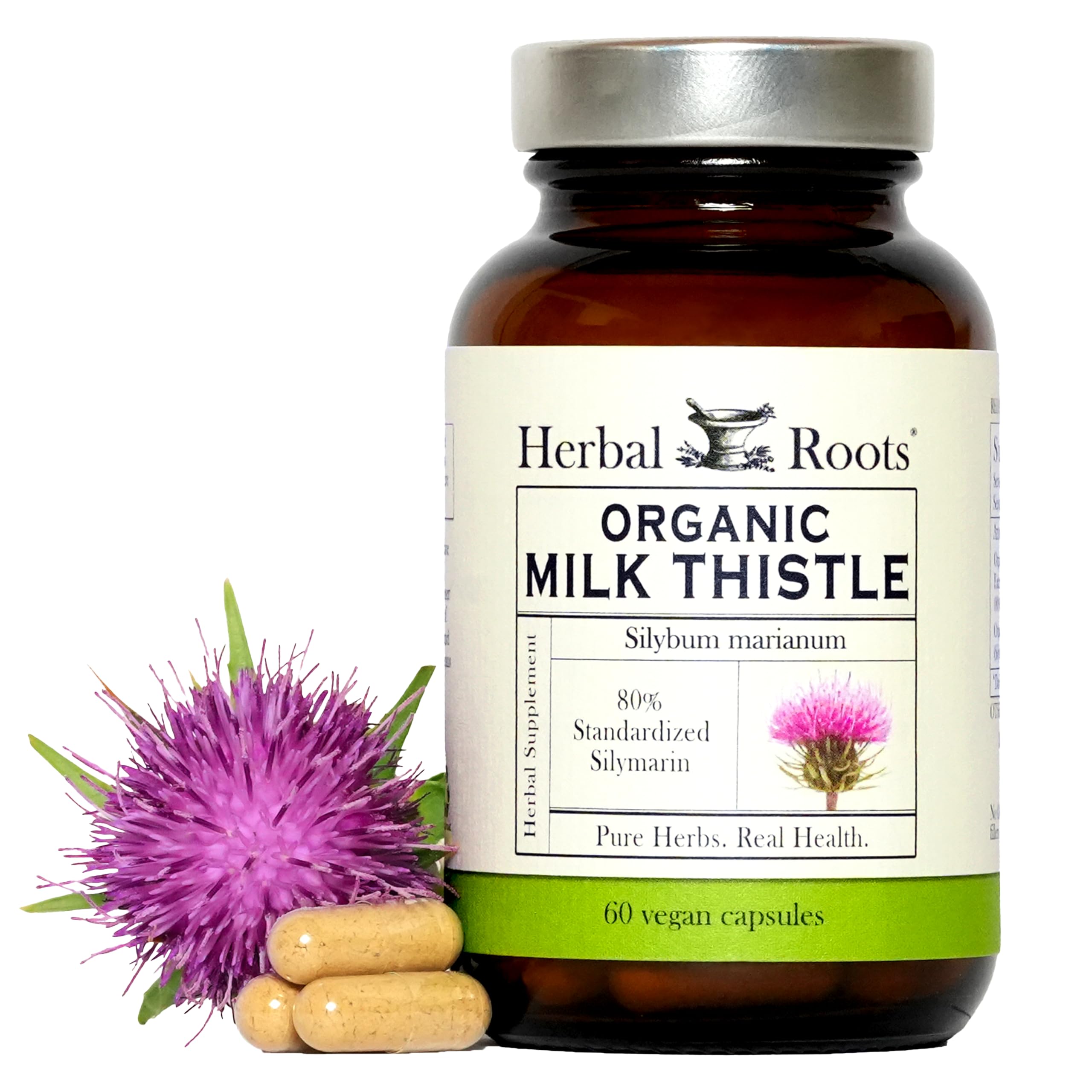 Kräuterwurzeln Milchdistel Kapseln | Extra Stärke 80% Silymarin Kräuterergänzung | Hergestellt mit reiner Bio Milchdistel | Vegan und GMO Free
