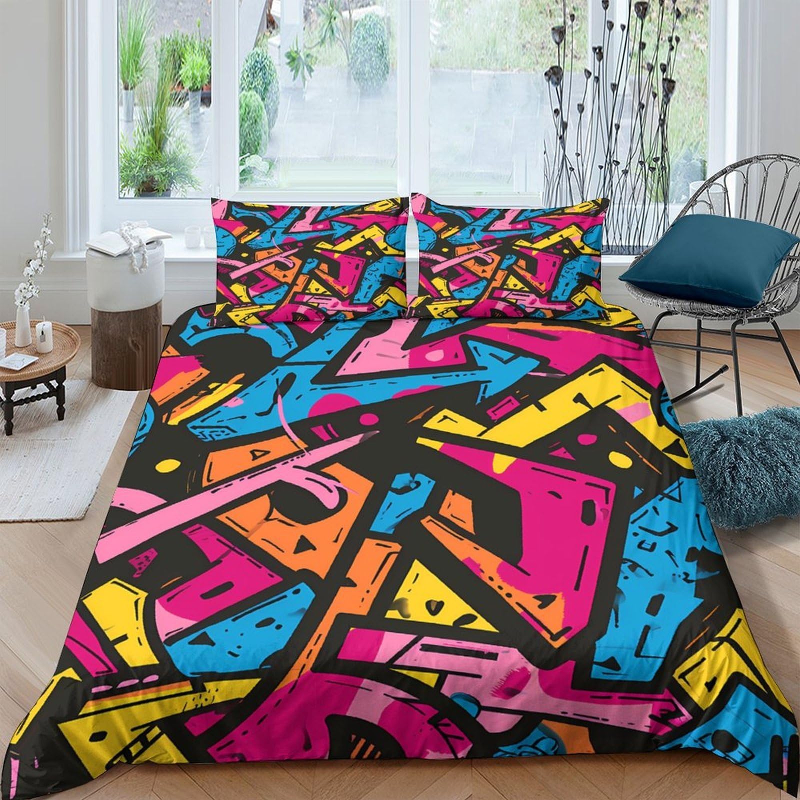 Ctjqhvkz Style-9 3D Printed Graffiti Art Fitted Sheet Microfiber Colourful Abstract Mattress Cover Bedroom Decor For Home Guest Room Single（135X200cm）